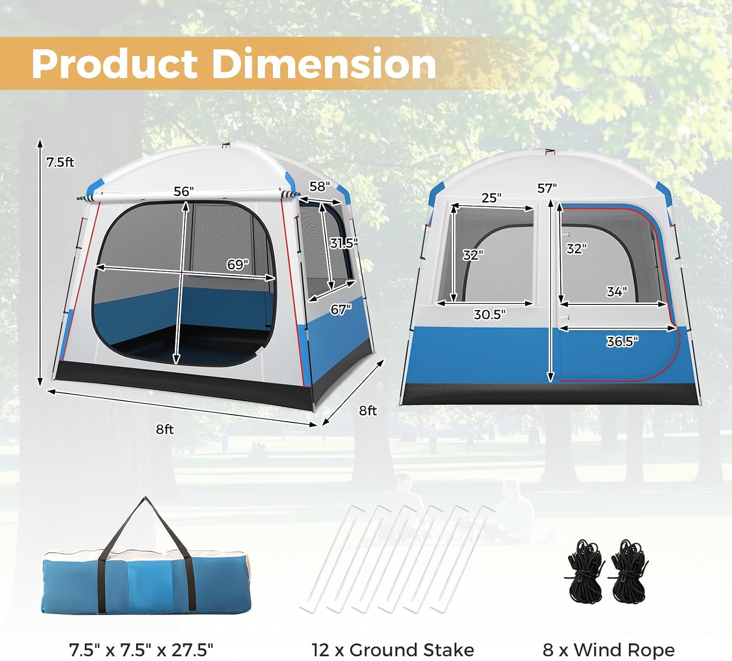KOTEK 3-5 Person Camping Tent, Portable Cabin Tent with Double-Layer Mesh Door & 3 Large Mesh Window, Carry Bag Included, Family Tents for Camping, Hiking, Backing, Picnic