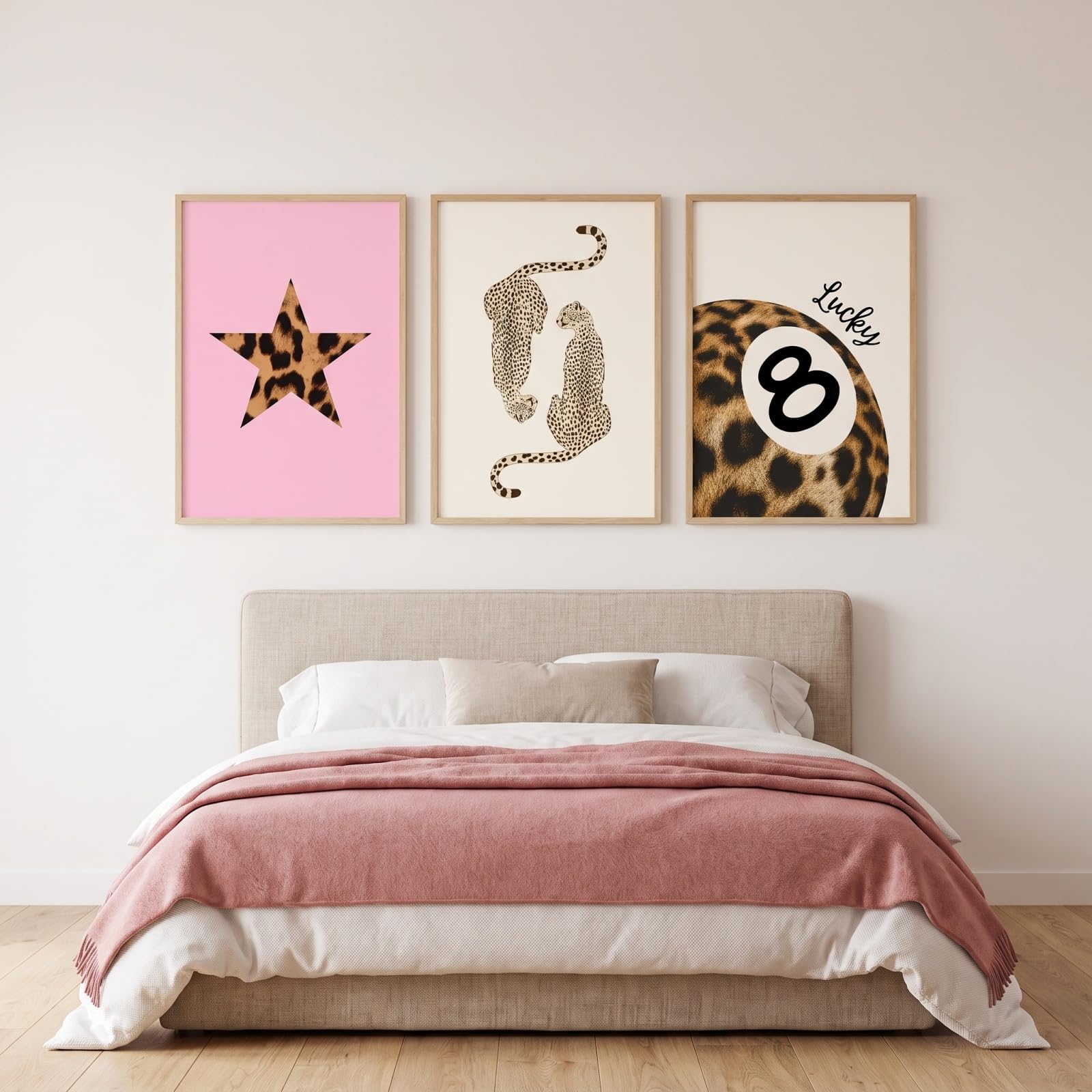 JORCEDI Pink Preppy Canvas Wall Art Set of 3, Leopard Star Cheetah 8 Ball Posters Prints, Funky Y2K Aesthetic Girls Bedroom Dorm Decor, 21x30-50x70cm, Unframed (40x50 cm,A)