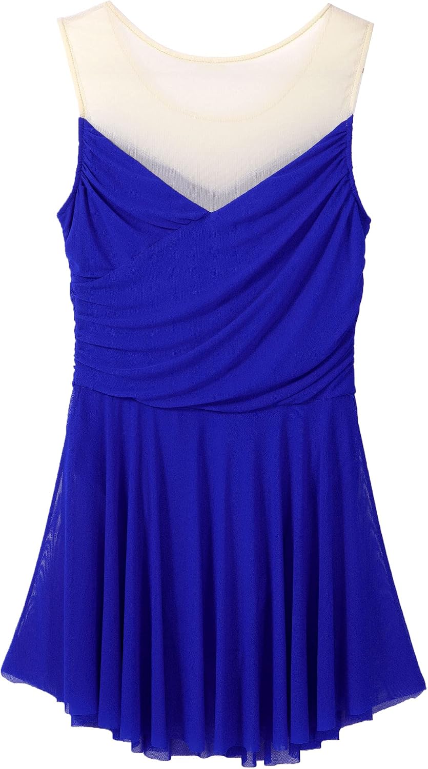 Hularka Women's Figure Ice Skating Dress Mesh Patchwork Sleeveless Lyrical Ballet Dance Leotard