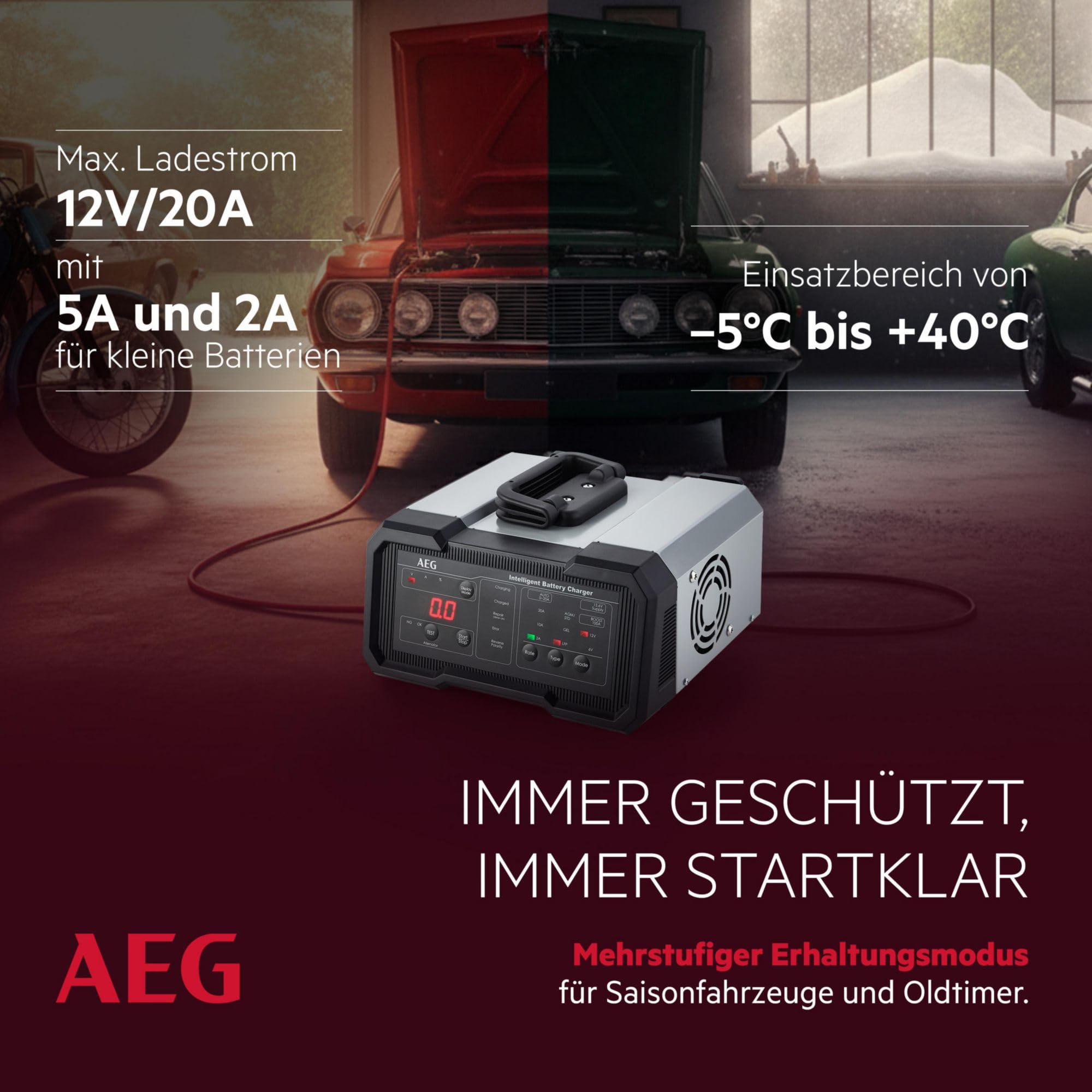AEG Batterieladegerät CW20, für 6/12 V Batterien, 20A, automatische Ladefunktion, umfangreicher Sicherungsschutz, Erhaltungsfunktion, Ladestatusanzeige in Prozent, LED-Display