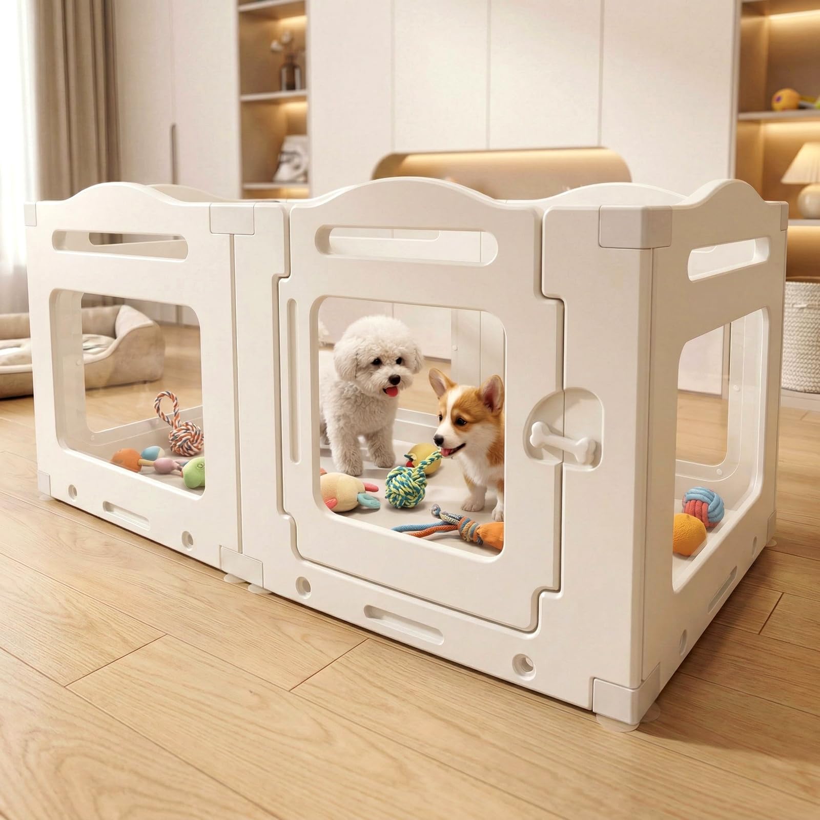 MAMIZO Recinto per Cani Acrilico 129 × 68 × 60 cm, Box per Cuccioli con Ventose, Box per il Parto Cani con Porta a Chiusura, 6PCS Pannelli Parco per Cani adatto Appartamento, Bianco