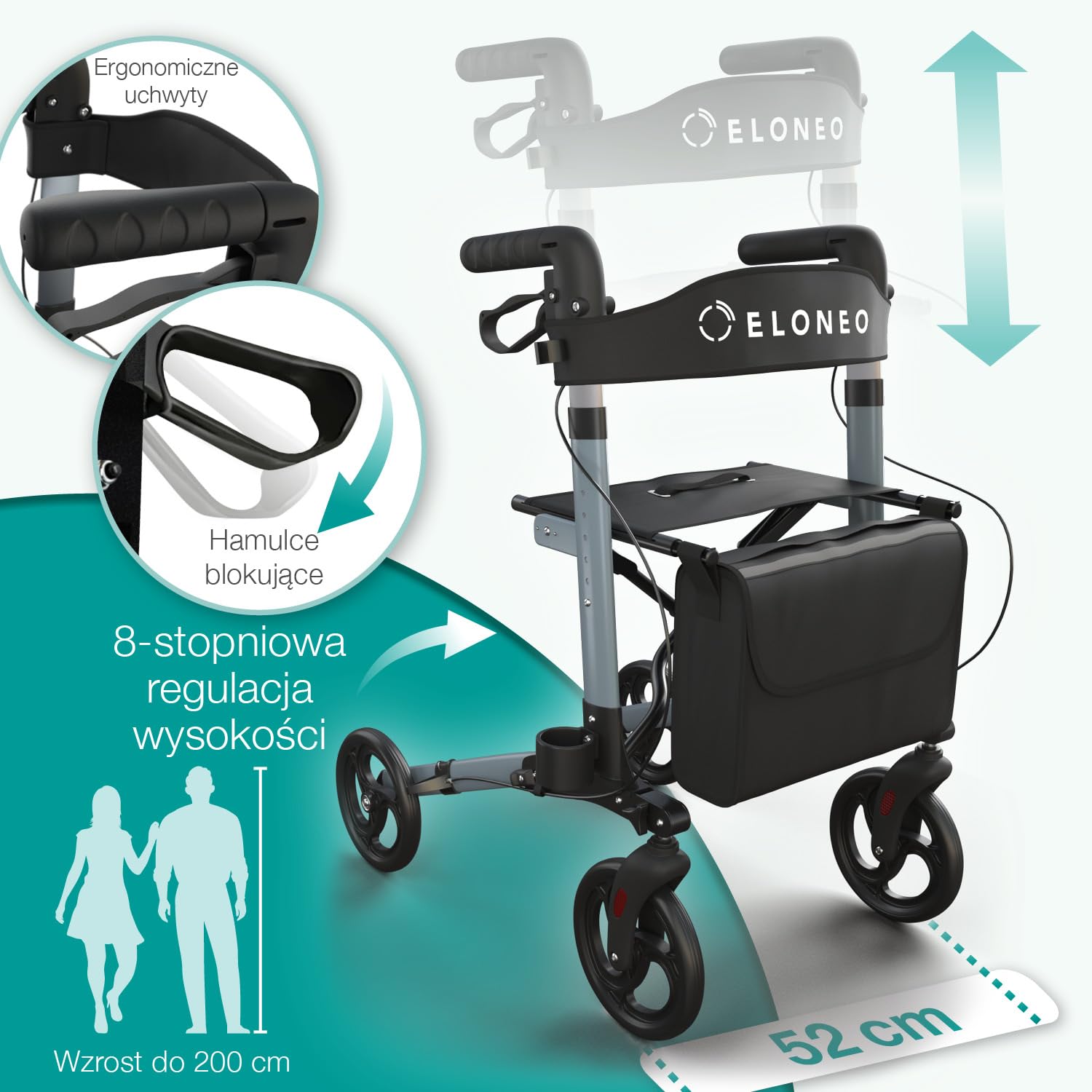 ELONEO Lekki rollator z siedziskiem, 8-stopniowa regulacja wysokości, 3-krotnie składana pomoc do chodzenia z torbą i uchwytem na parasol, mieści się w samochodzie (Antracyt)