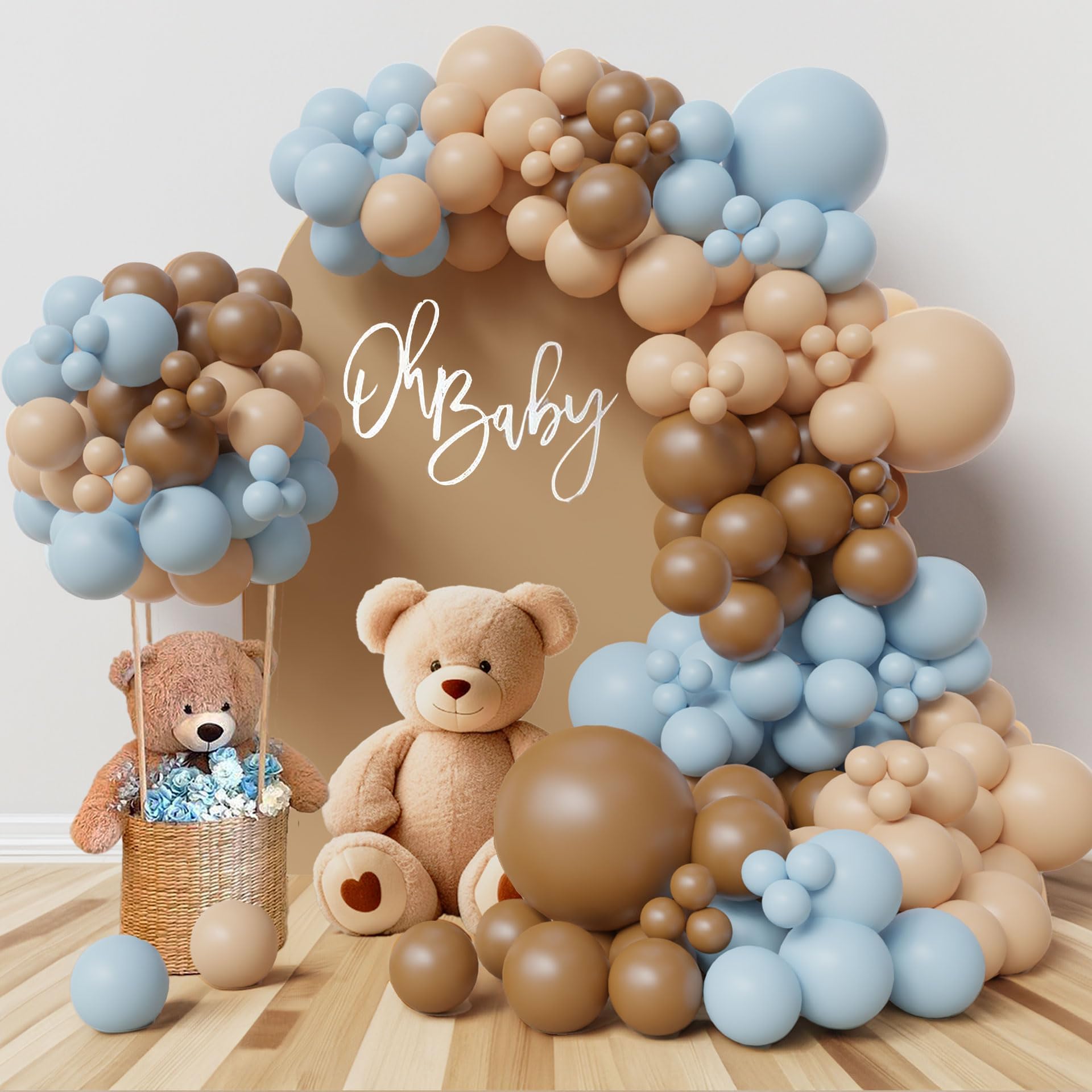 Brown Blue Balloon Arch Kit, 147Pcs Beige Nude Baby Pastel Blue Balloons Garland Kit, Baby Shower Decorations for Boys Neutral Birthday Wedding Party Decoration