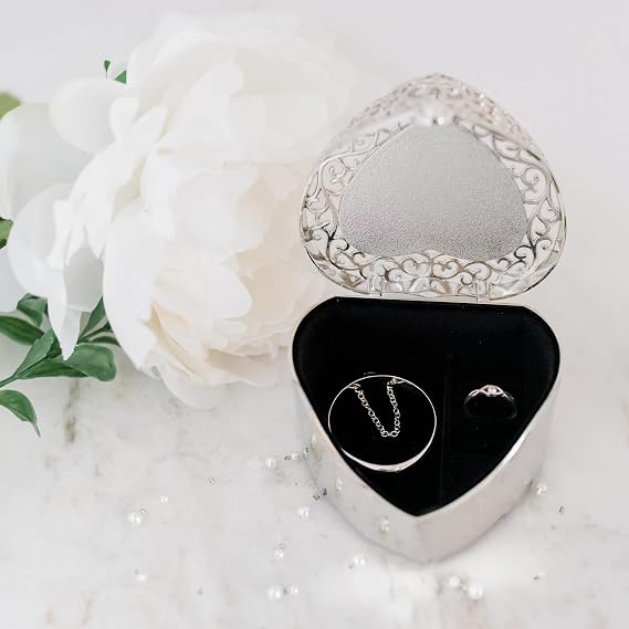 Cherished Moments Bereavement Memorial Gift Jewelry Keepsake Box with Heart-Shaped Filigree Design for Sympathy Gift Loss of Loved One, Loss of Dad, Mom, Wife, Husband, Silver Toned