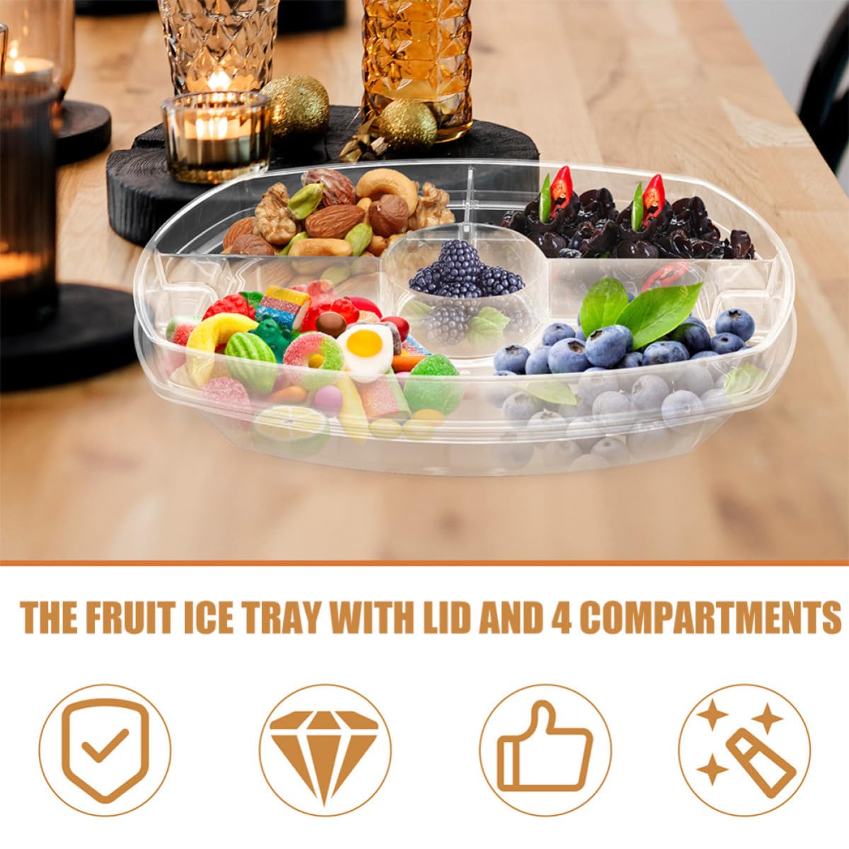 Plateau de Service Réfrigéré en Plastique avec Couvercle et 4 Compartiments, Facile à Nettoyer, pour Fruits et Snacks Lors de Toutes Occasions