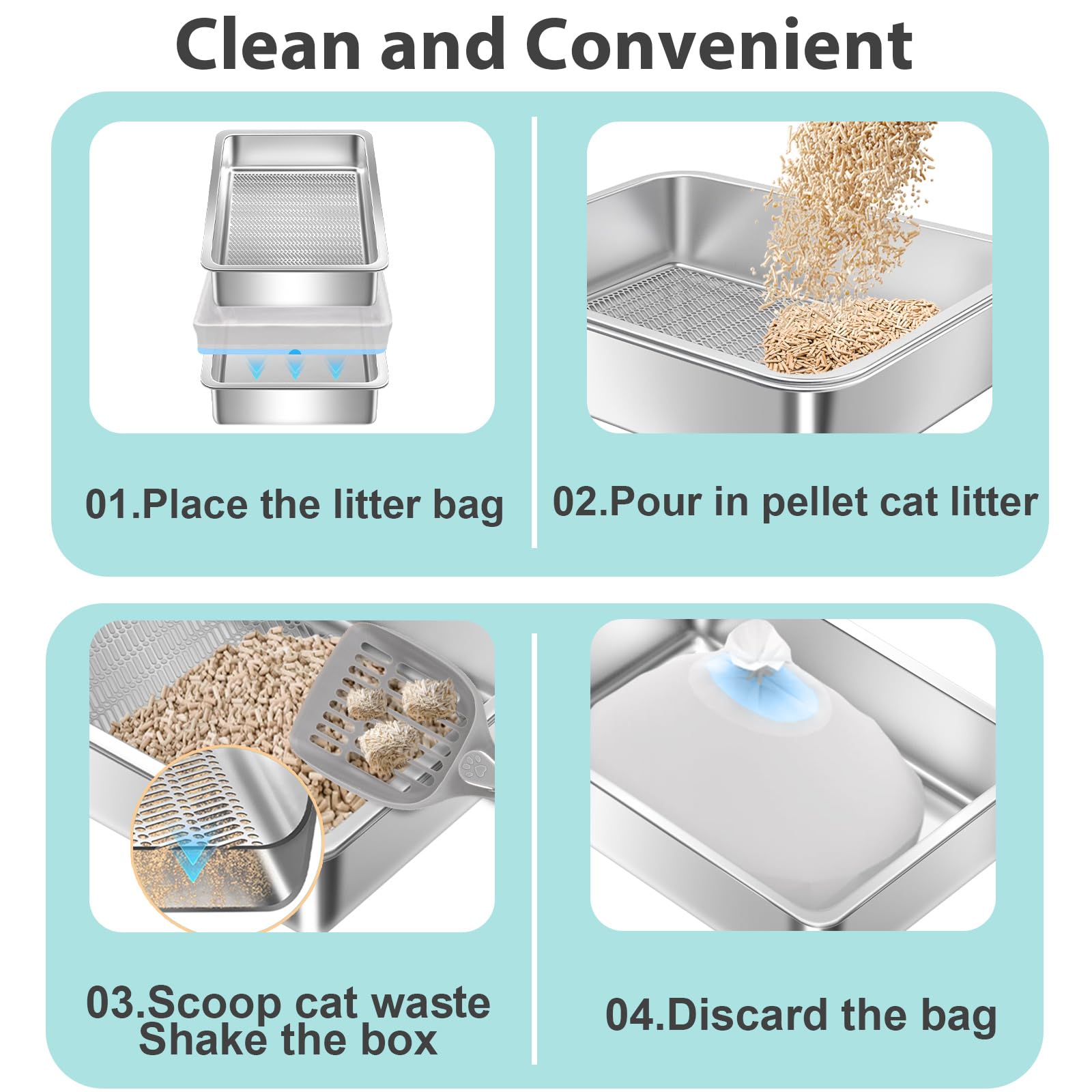 Stainless Steel Sifting Litter Box for Pine Pellets,Sifting Cat Litter Box for Wood Pellets,Extra Large Sifter Litter Pan System with Litte Liners and Scoop-20 ''Lx 13.8''W x 6''H - image 6