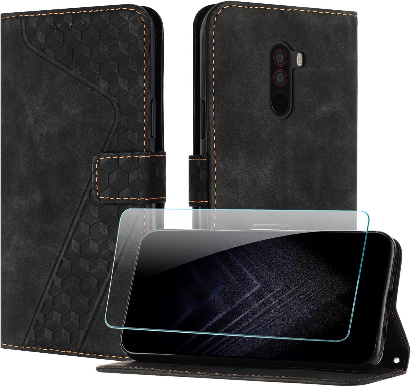 Case for Xiaomi mi Pocophone F1 with Screen Protector, Flip Wallet PU for Xiaomi Pocophone F1 cover [Card Holder] [Magnetic Closure] [Kickstand] 360 Shockproof Protective Case - Black