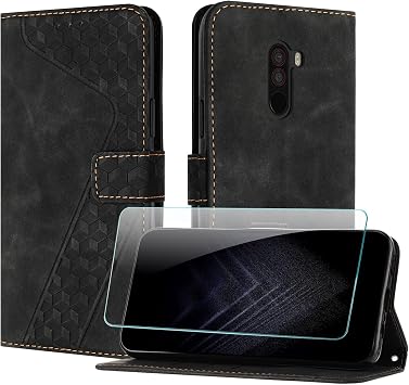 Case for Xiaomi mi Pocophone F1 with Screen Protector, Flip Wallet PU for Xiaomi Pocophone F1 cover [Card Holder] [Magnetic Closure] [Kickstand] 360 Shockproof Protective Case - Black