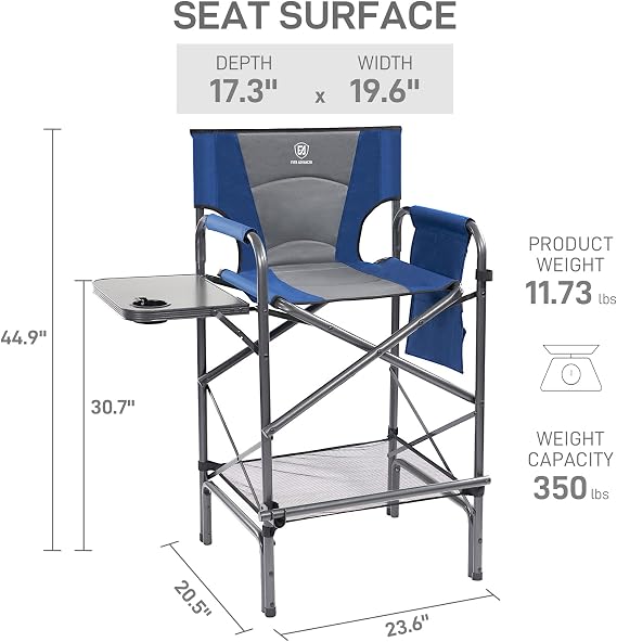 EVER ADVANCED Tall Folding Chair 30.7 Seat Height Directors Chair High Foldable Bar Stool for Makeup Artist Face Painting with Side Table Cup Holder and Storage Pocket Supports 350LBS (Blue/Grey)