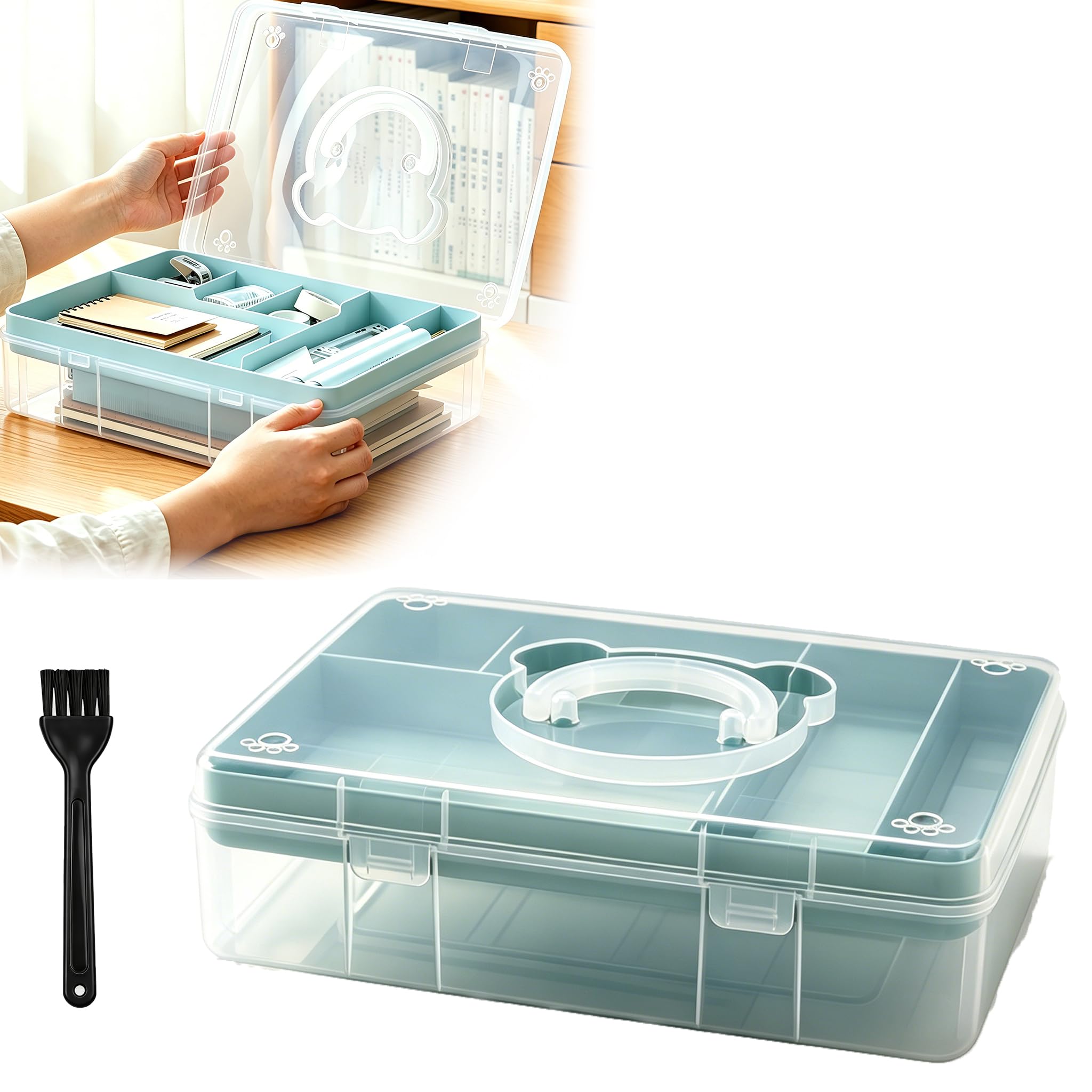 Vurixfo Blue 2 Layer Craft Storage Box, Clear Craft Large Sewing Box With 7 Compartment Tray Durable Plastic Containers With Lids For Organizing Art Craft Sewing Stationery, 32.5X23.5x9cm