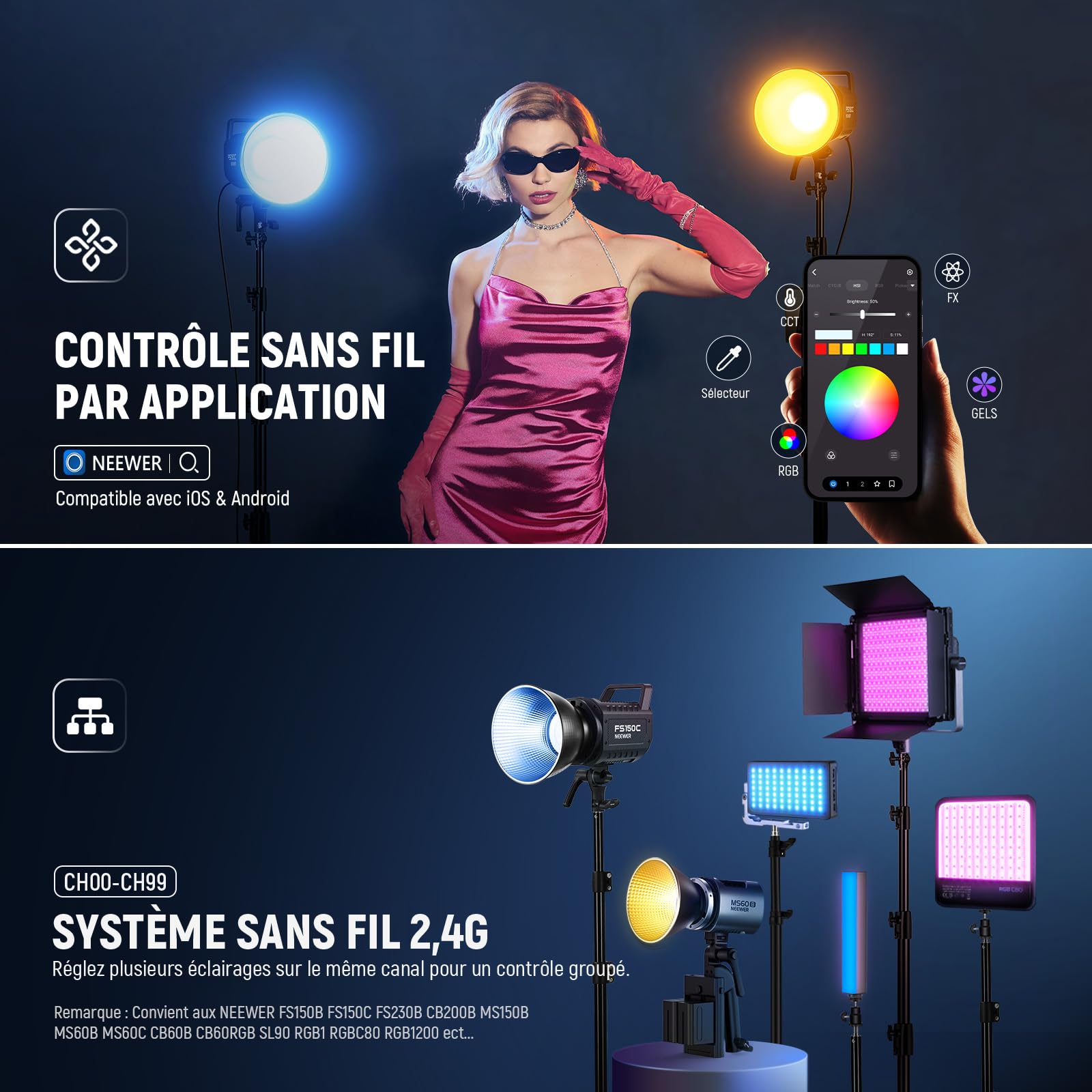 NEEWER 130W RGB LED Vidéo Light APP/2.4G Contrôle, COB Continu Studio Key Lighting,17 Effets 2500-7500K 19800lux CRI97 4 Courbes de Gradation, Bowens Spotlight pour Vidéo Streaming,FS150C