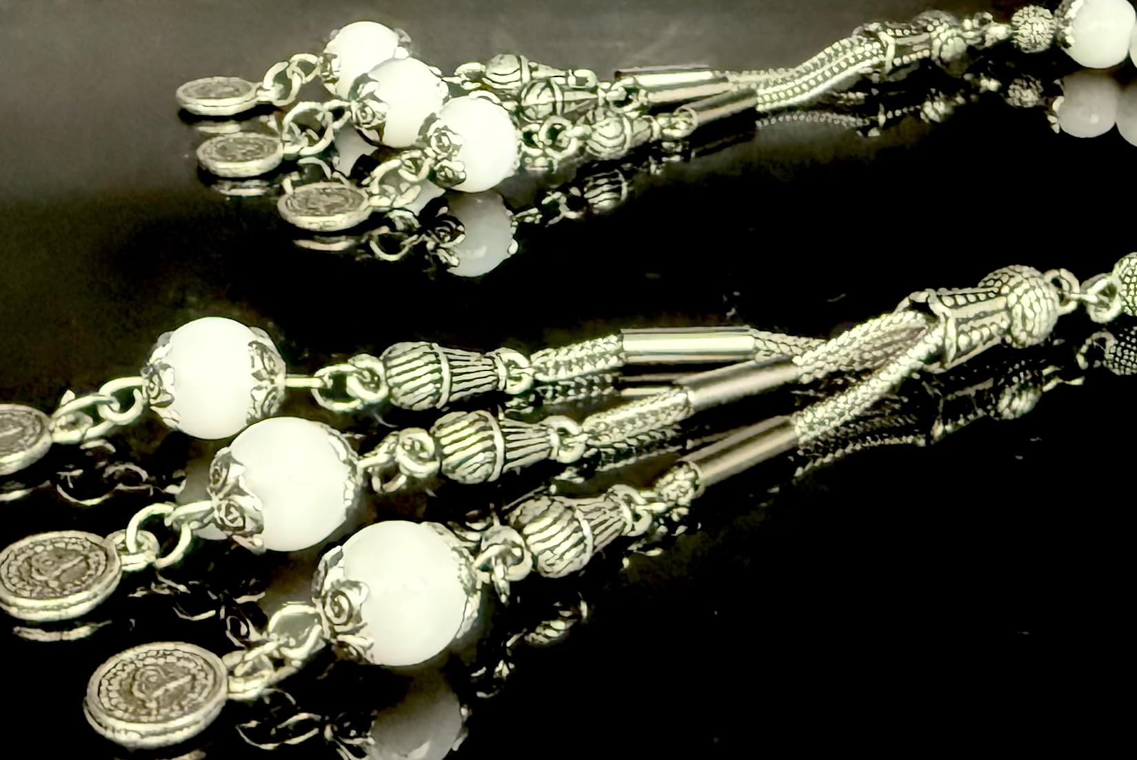 Generisch Zaza Tesbih Doğal Taş Oniks 8 mm OSMANLI Tugra Püsküllü ZAZA Tespih Gebetskette Naturstein,Tasbih Misbaha Rosary Subha Amber Onyx weiße Stein Geschenkidee NEU