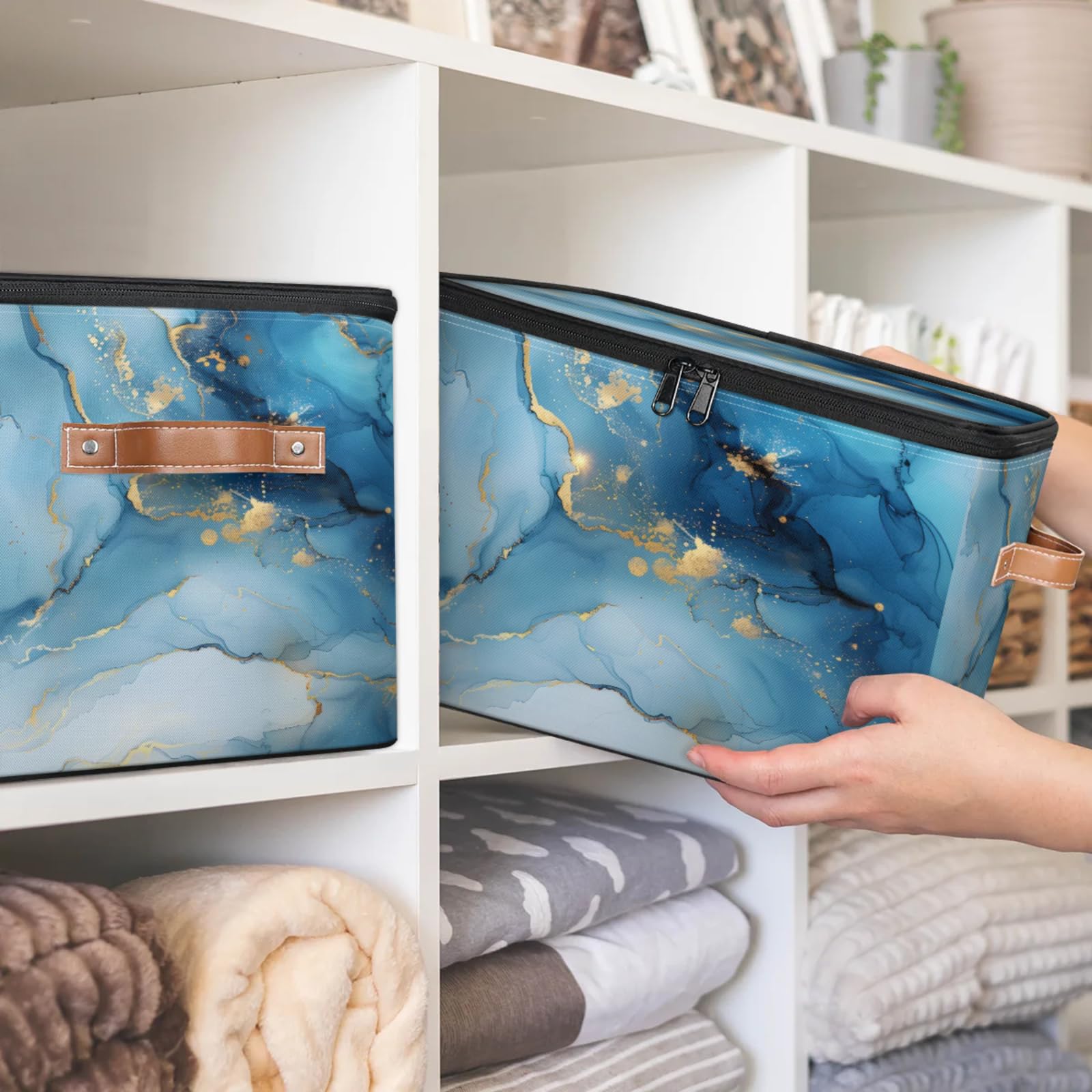 Confezione da 2 contenitori in marmo blu con coperchio con cerniera in tessuto, cubi per la casa, cestini per vestiti, organizer contiene marmo