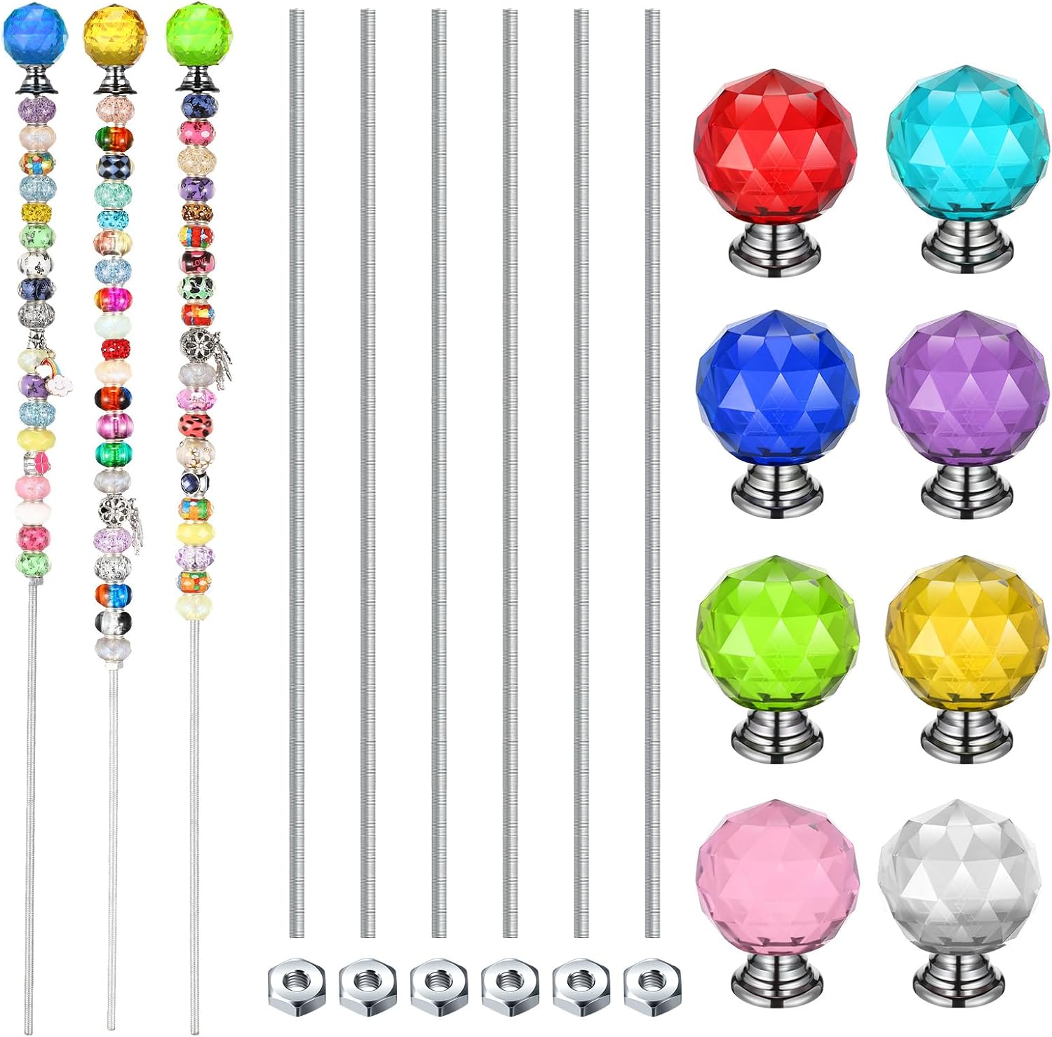 Pelopy Pack of 8 DIY Fairy Garden Beaded Stakes Wands Kit 8 Pcs of 8/32 Inch 12 Inch Threaded Rods and 8 Pcs Hex Nuts and 8 Tops, Stainless Steel Stakes with Toppers (Elegant Color,Spherical)