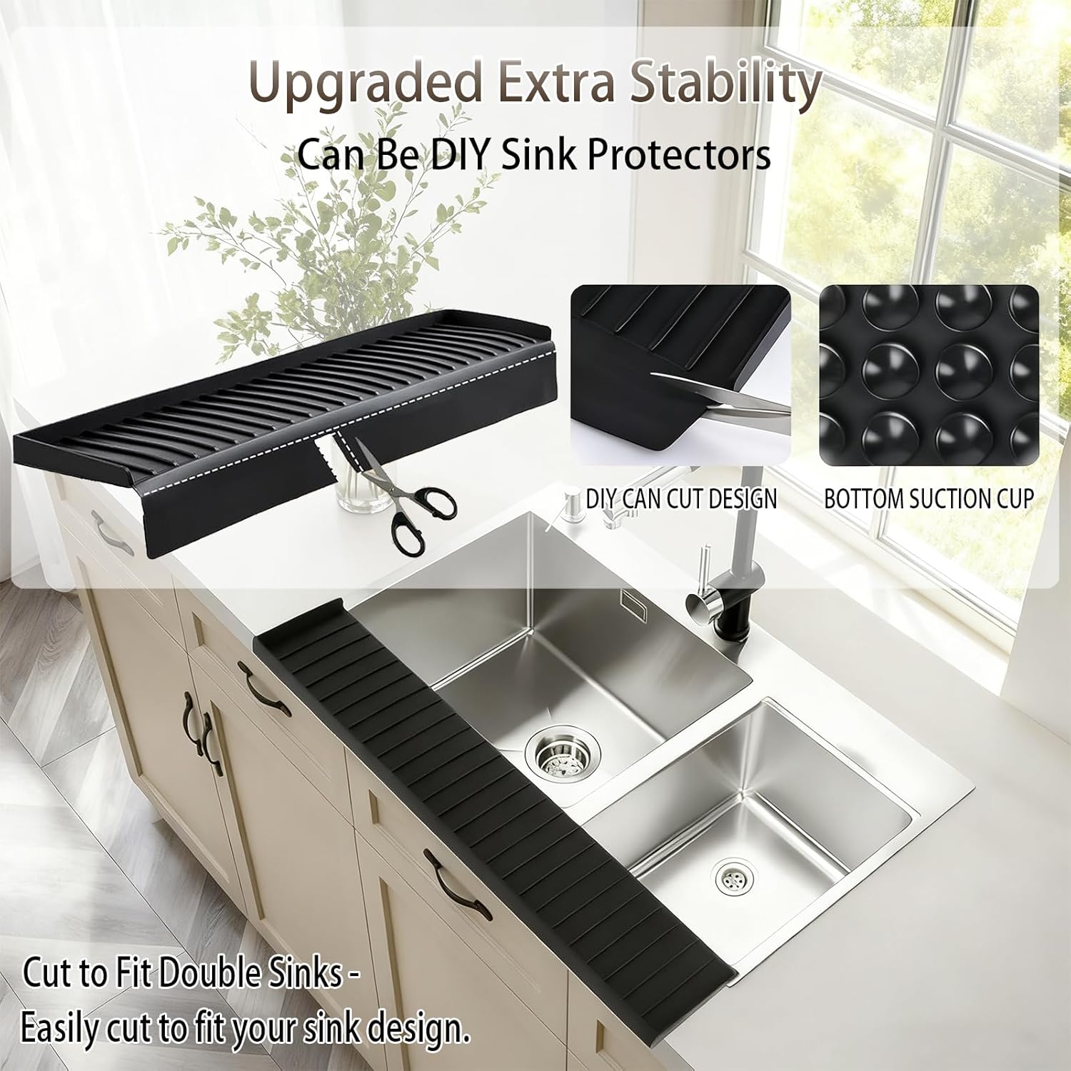 Silicone Sink Edge Protector with Suction Cup 4" x 20",Kitchen Sink Splash Guard for Kitchen, Bathroom Sink, Steel, Granite, Quartz Countertops,Multifuctional Sink Accessories (Black)