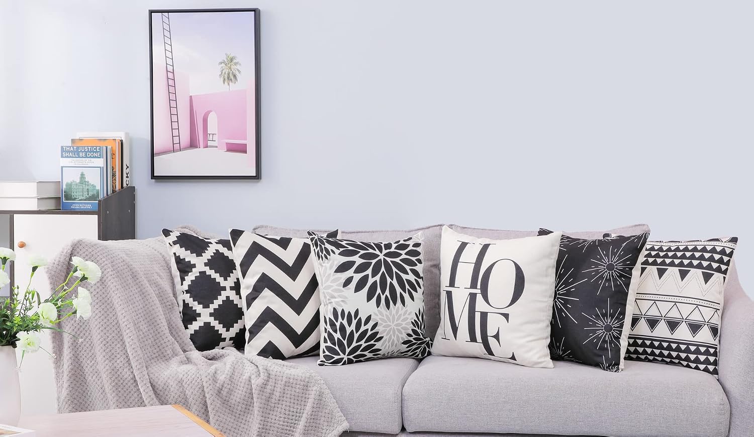 SUNMANT 6PCS Decorative Throw Pillow Covers 18x18 Inch Set of 6 Black and White Pillow Cases Soft Pillowcases Square Modern Cushion Covers for Couch Sofa Bedroom Room Home Decor Black 45