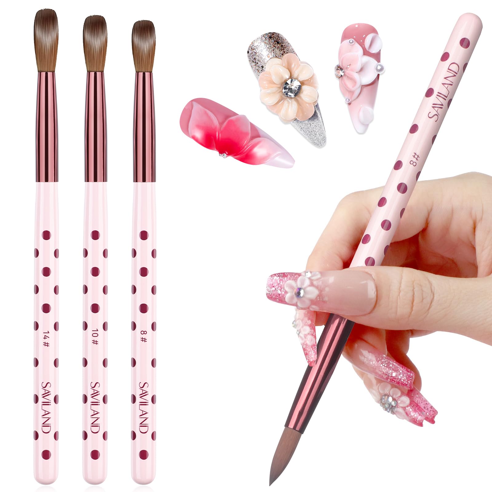 SAVILAND Essentials 3PCS Acrylic Nail Brush Set: Size 8/10/14 Kolinsky Acrylic Brush Professional Nail Brushes for Acrylics Powder, 3D Carving & Nails Extensions, Pink Manicure Tool for DIY Home Salon