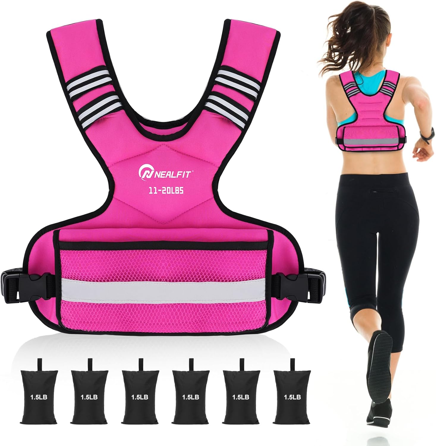Weighted Vest for Women and Men, 5-10lb/11-20lb/18-30lb Adjustable Weighted Vest with Reflective Strip, Body Weight Vest for Walking, Running, Fitness, Strength Training Pink 11-20 lbs