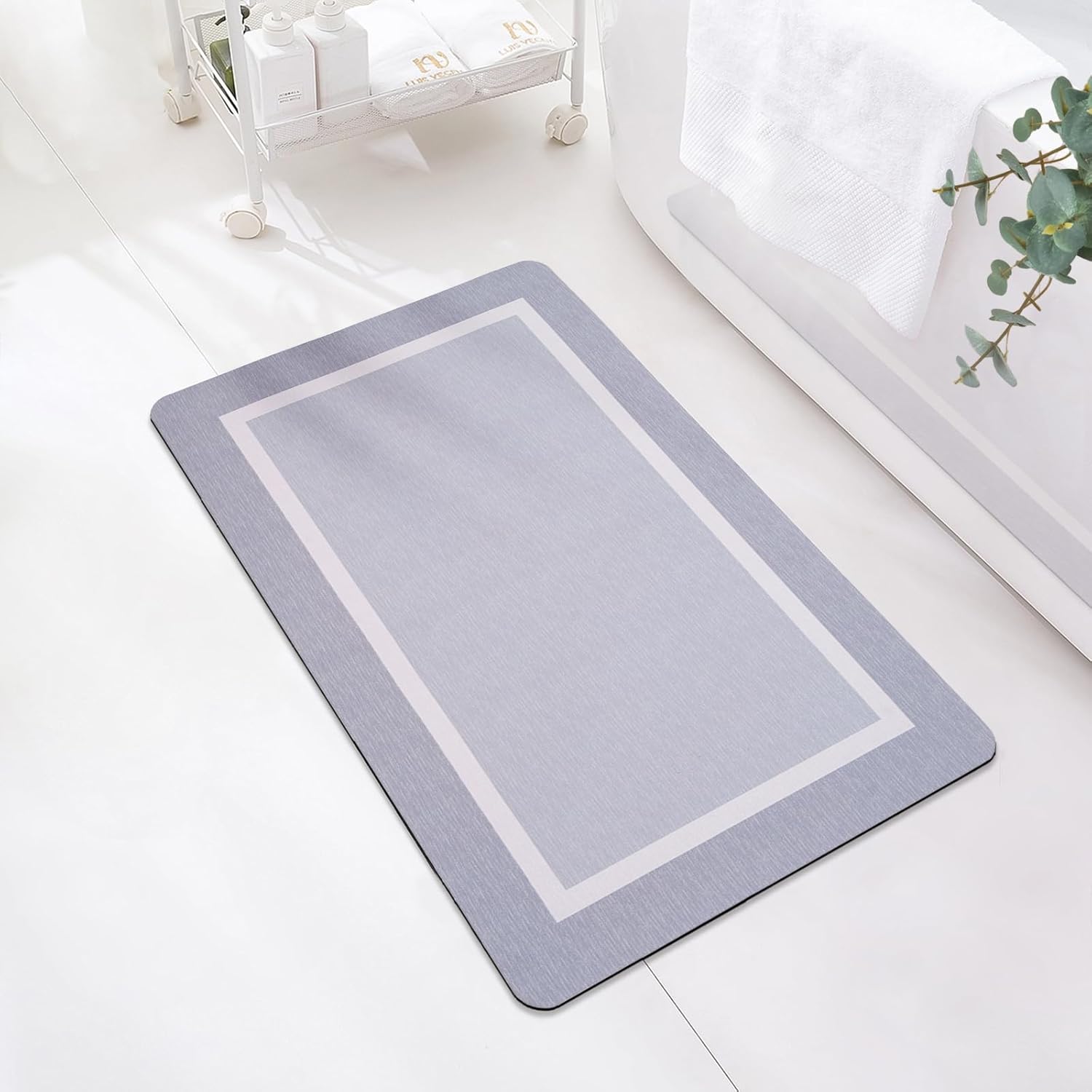 FRESHMINT Classic Border Rubber Bath Mat 32”x20”, Water Absorbent Bath Mat for Bathroom Floor, Non Slip Shower Mat Washable, Ultra Soft Microfiber Bathroom Mat Room Accessories, Dove Gray 20“x32” Border-dove Gray