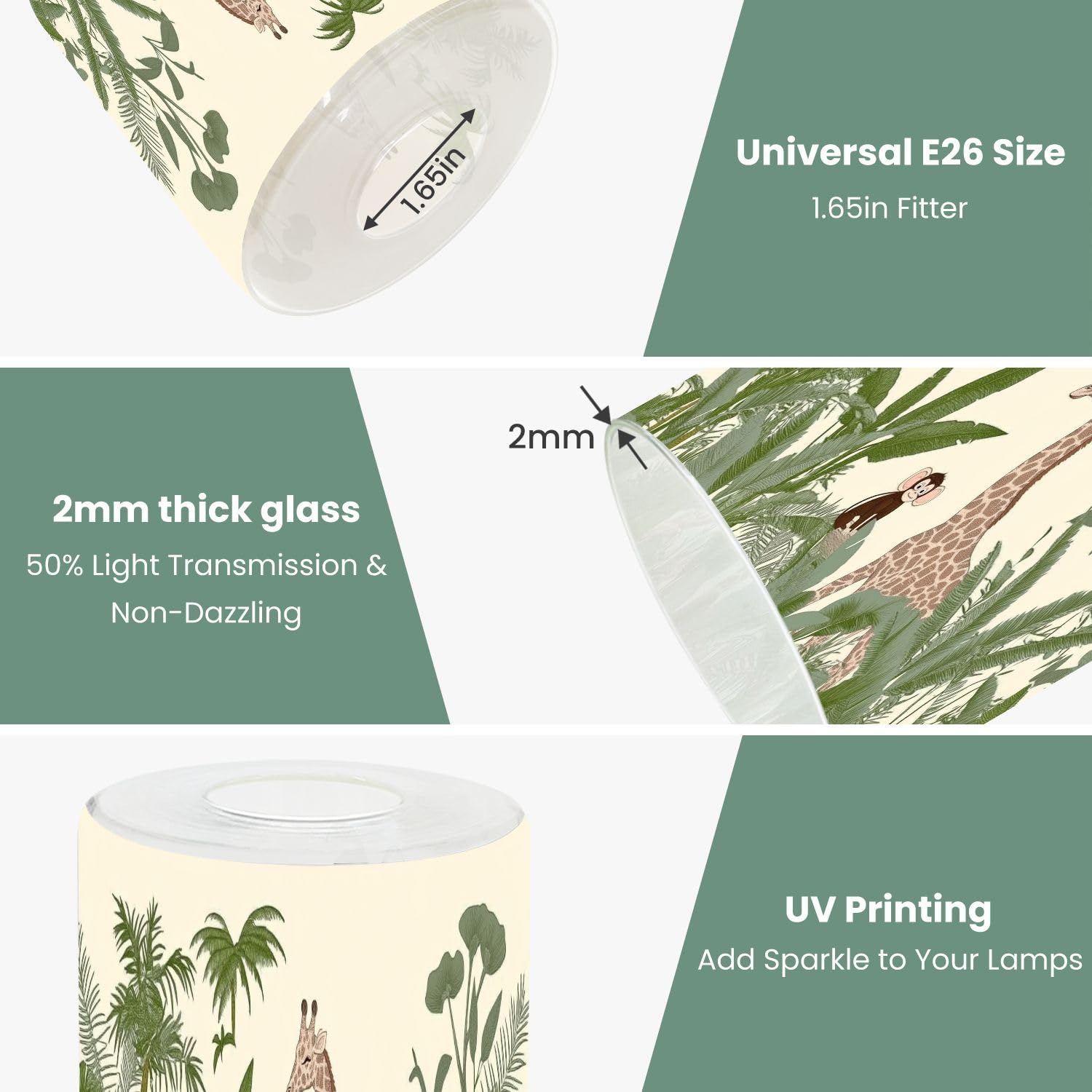 3 Pack Cylinder Glass Lamp Shade Jungle animal tropical vegetation giraffes elephant monkeys hidden Covers with 1-5/8" Fitter Opening Light Fixture Replacement for Table Lamp Bathroom Vanity Light