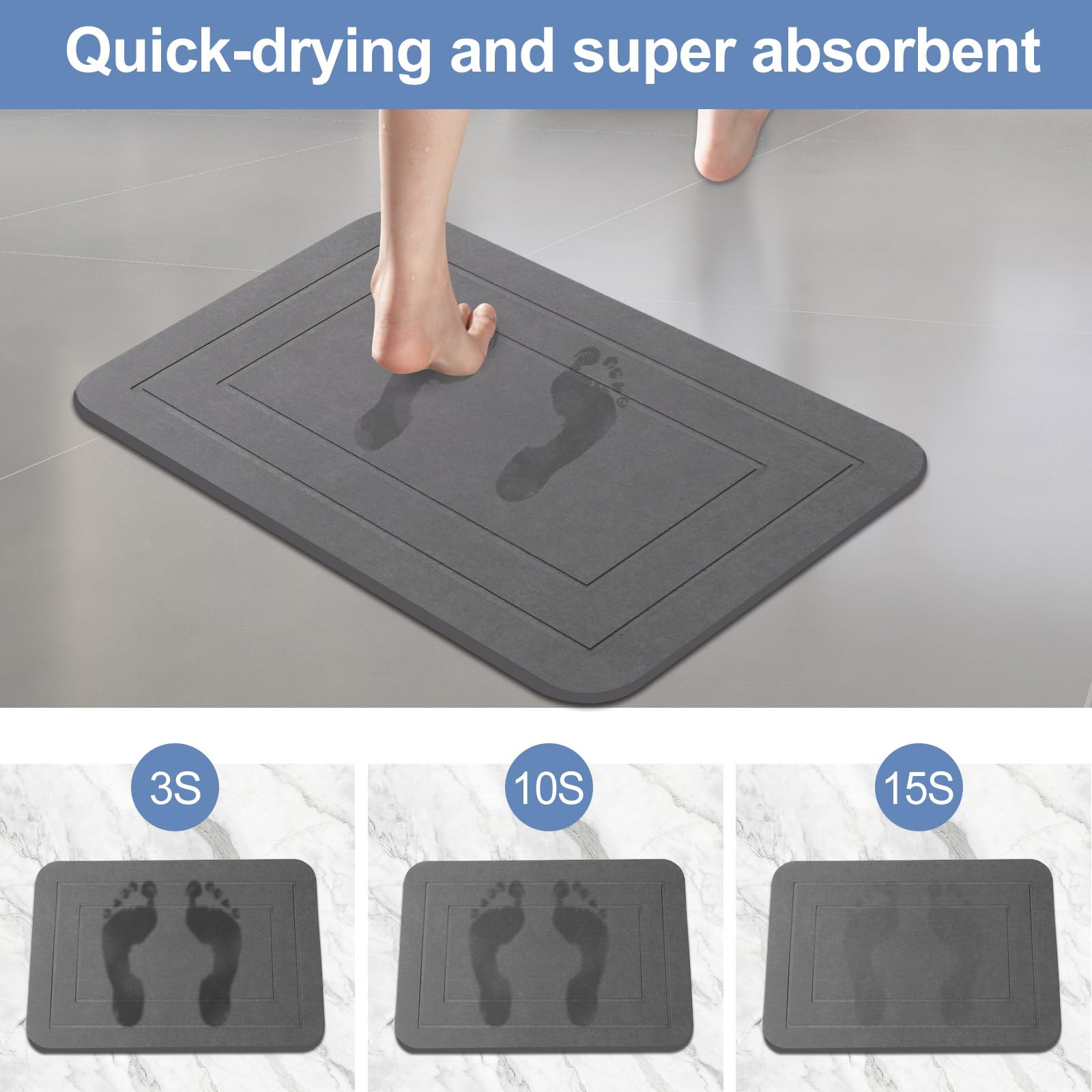 Lot de 2 Tapis de Bain en Pierre, Tapis de Douche en Terre de diatomée, antidérapant, Super Absorbant, séchage Rapide, Tapis de Sol pour Salle de Bain et Cuisine (Gris, 61 x 38,1 cm)
