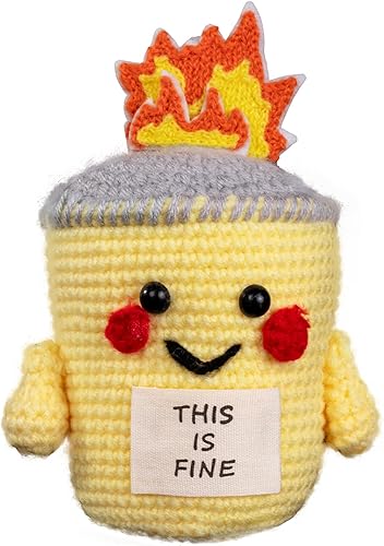 Cute This is Fine Positive Crochet  Contenedor de apoyo emocional juguete de felpa de fuego  Accesorios de escritorio divertidos de oficina amarillo
