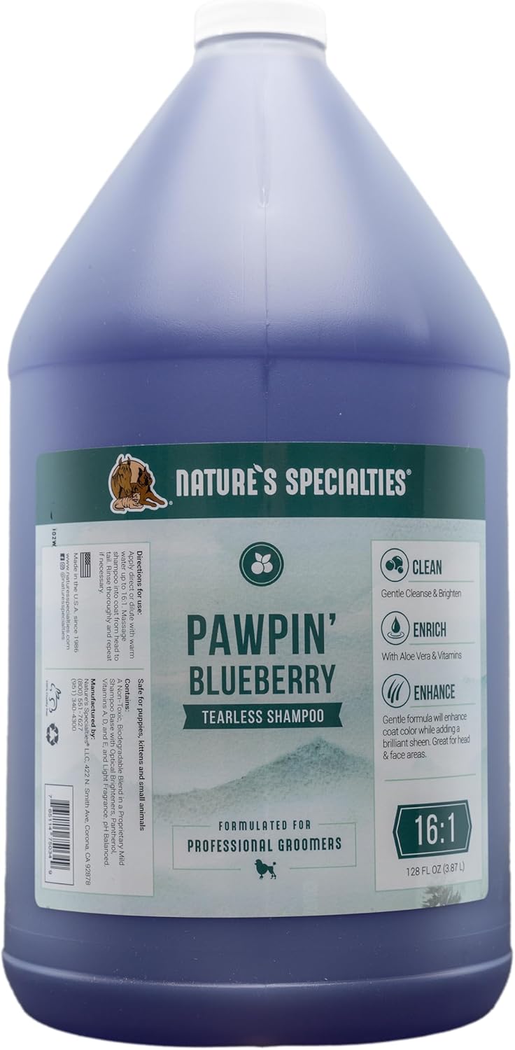 Nature's Specialties Pawpin' Blueberry Ultra Concentrated Dog Face and Body Wash for Pets, Makes up to 16 Gallons, Natural Choice for Professional Groomers, Tearless Formula, Made in USA, 1 gal