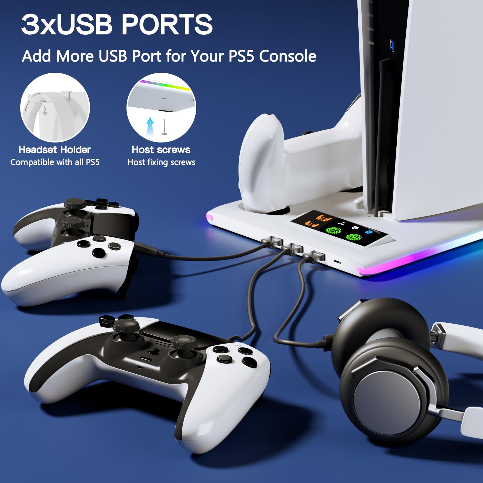 PS5/PS5 Slim Ständer mit 3 Stufig Lüfter und 3 USB Anschlüsse, PS5 Standfuß mit RGB Licht, PS5 Controller Ladestation, PS5 Halterung mit Headset Halter, für PS5 Zubehör, PS5 Digital/Disc Edition