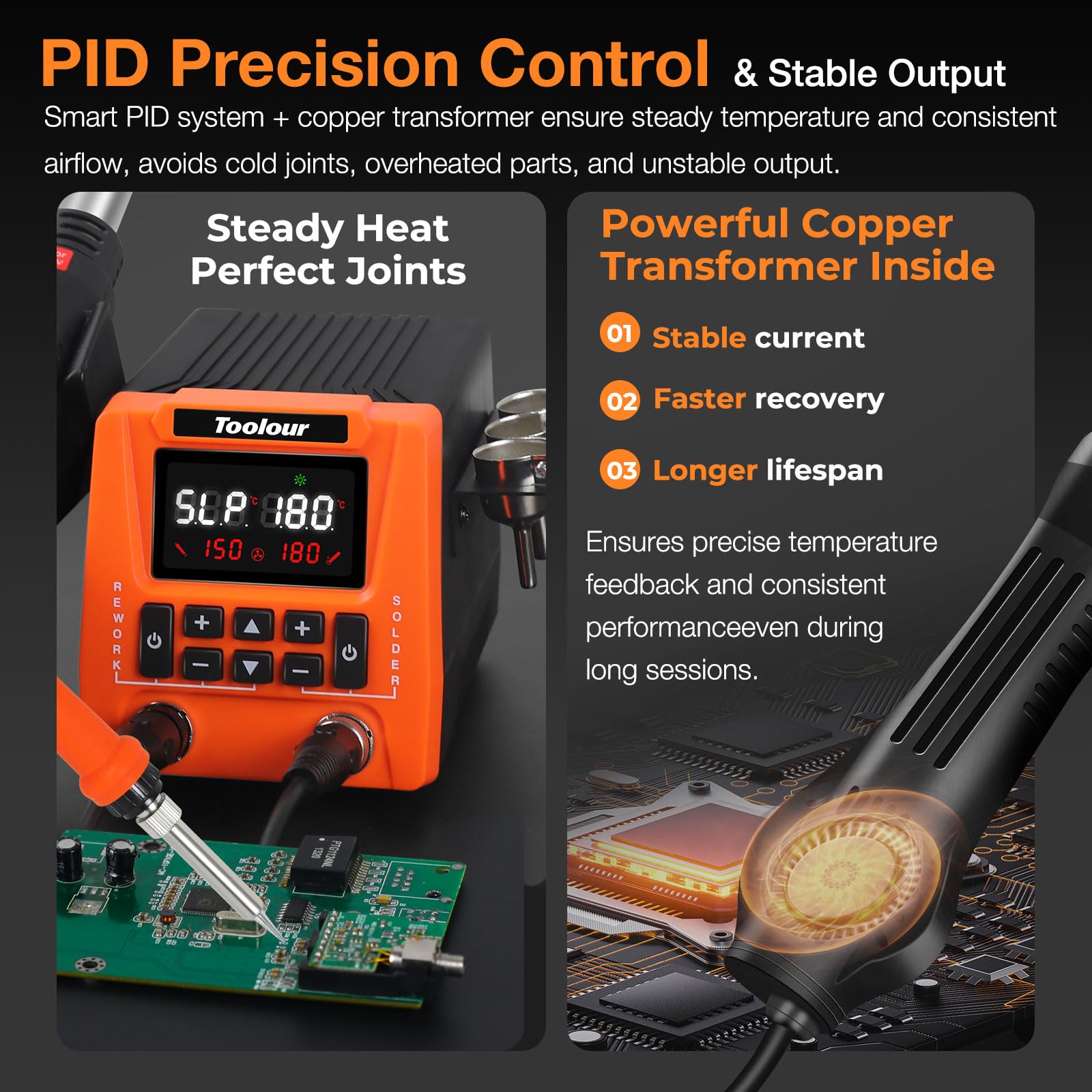 TOOLOUR Estación de soldadura 2 en 1 700W con pistola de aire caliente y soldador, pantalla LCD, control PID, temperatura ajustable 100–500°C, apagado automático, ideal para principiantes