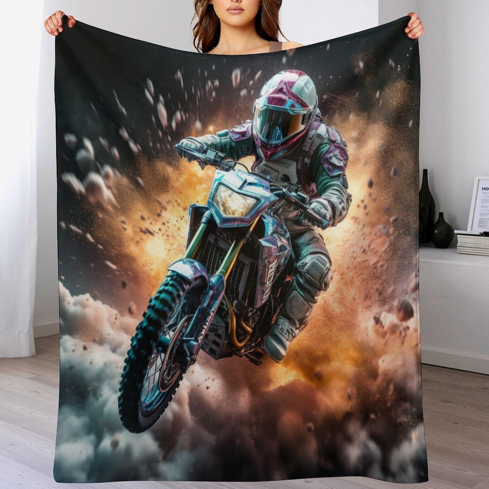 Couverture moto impression 3D en polaire de flannel plaid canapé lit 180x200cm