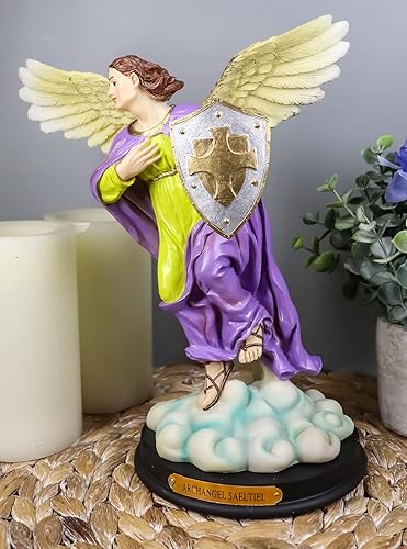 Miniatura 2 de Ebros Santo Arcángel Santo Selaphiel Sealtiel Llevando Escudo de Fe Estatua con Placa de Nombre de Latón 10 pulgadas de alto Ángel Selaphiel Patrón