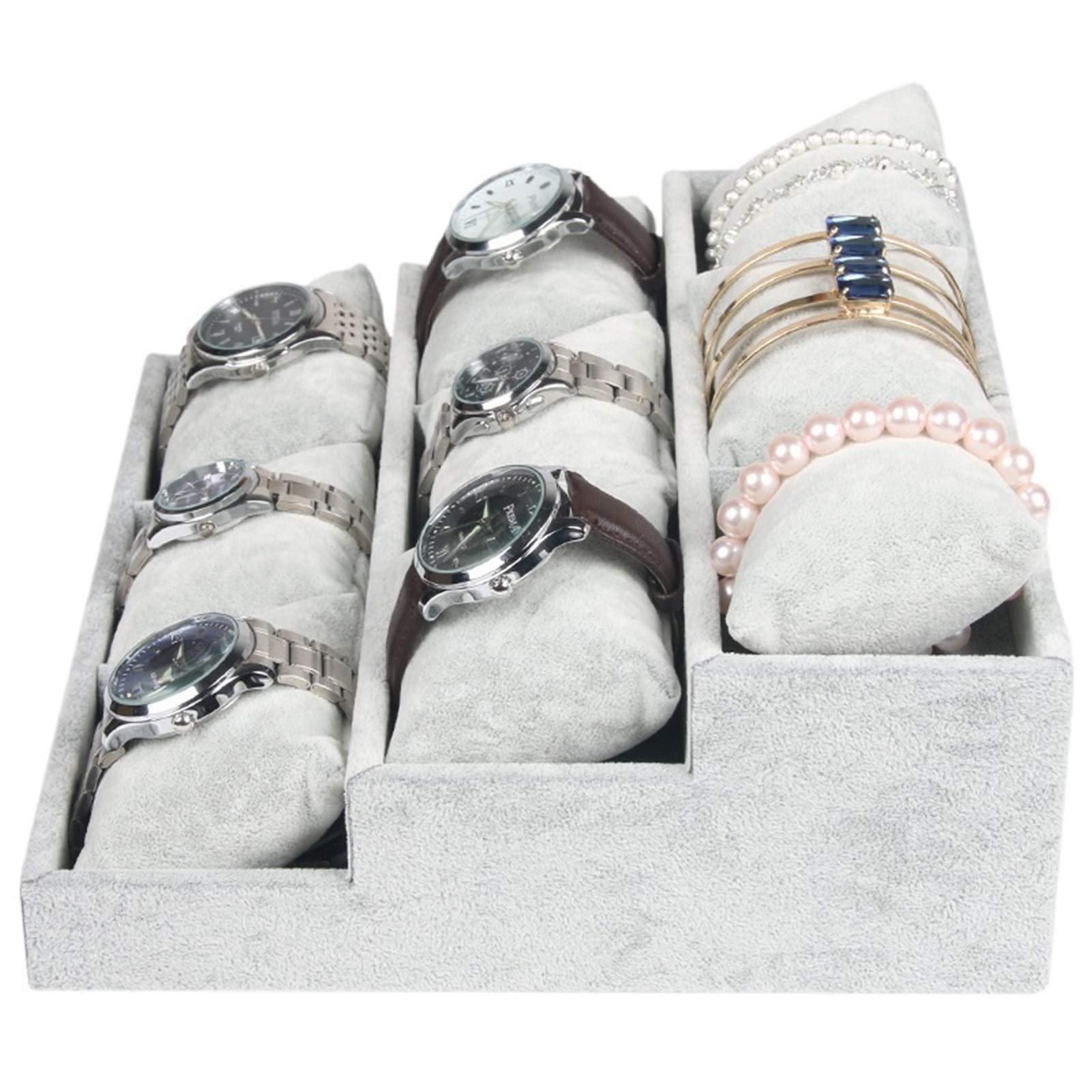 Uhrenbox, 3-stufiger Uhren-Organizer für die Vitrine, Schublade, 9 Fächer, Aufbewahrung von Schmuck, Ständer, Vitrine, Schmuckaufbewahrung, Theke, Uhrenetui aus Eisvliesstoff (Farbe: Grauer Eissamt)