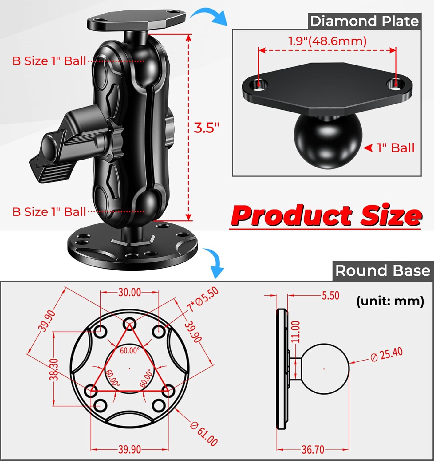 Aluminum Alloy 1" Ball GPS Mount with Industry Standard AMPS Hole Diamond Plate & Round Base, 3.5" Medium Arm for Garmin Handheld Navigation Device, Compatible with RAM Mounts Spine Mount Phone Holder
