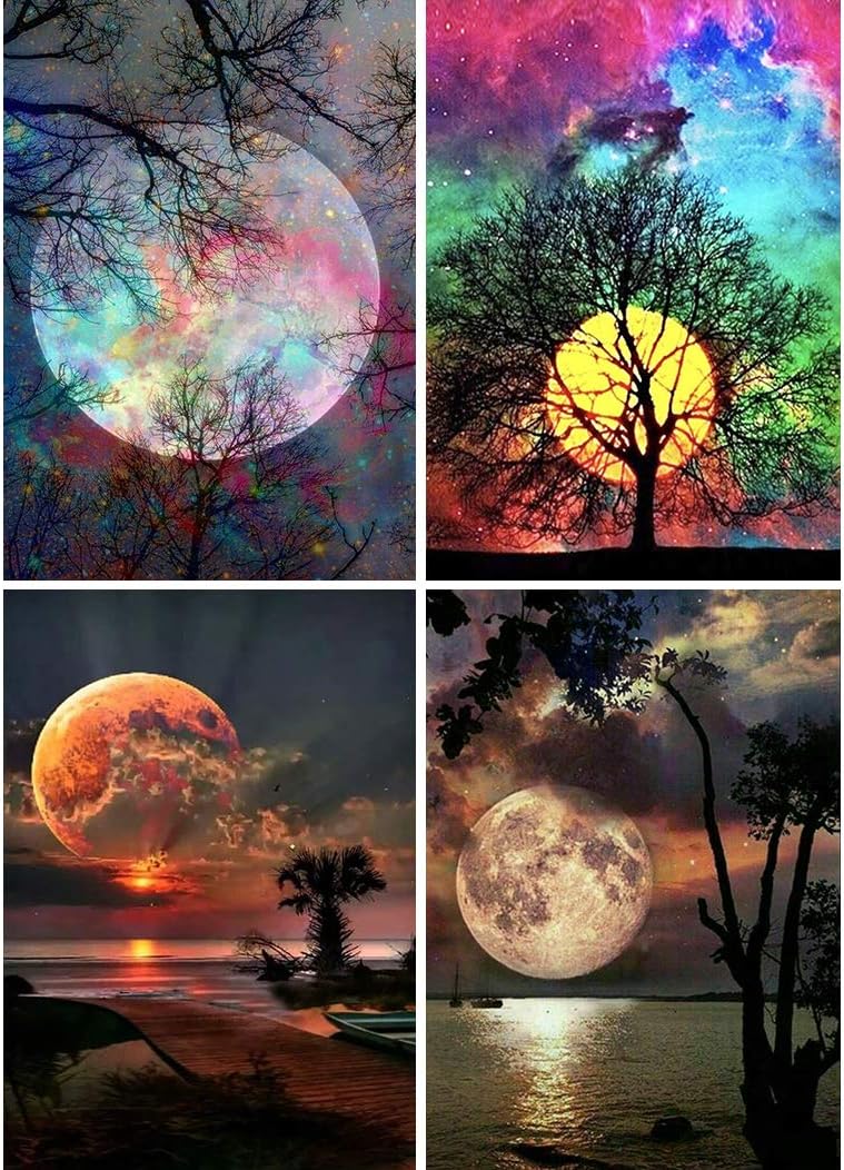 KISSBUTY 4 Pack 5D Full Drill Diamond Painting Kit, DIY Diamond Rhinestone Painting Kits for Adults and Beginner Diamond Arts Craft Home Decor, 15.8 X 11.8 Inch (Moon)