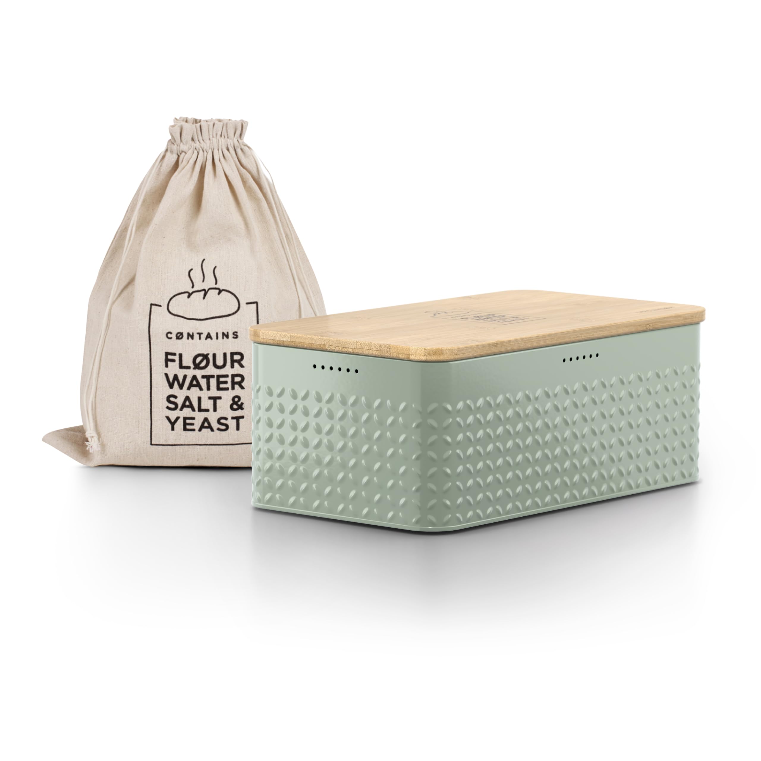Bread Box I Metal Box with linen bag for long lasting freshness I Bread Bin with bamboo lid usable as cutting board I 13.4x7.3x5.3In (Sage Green)