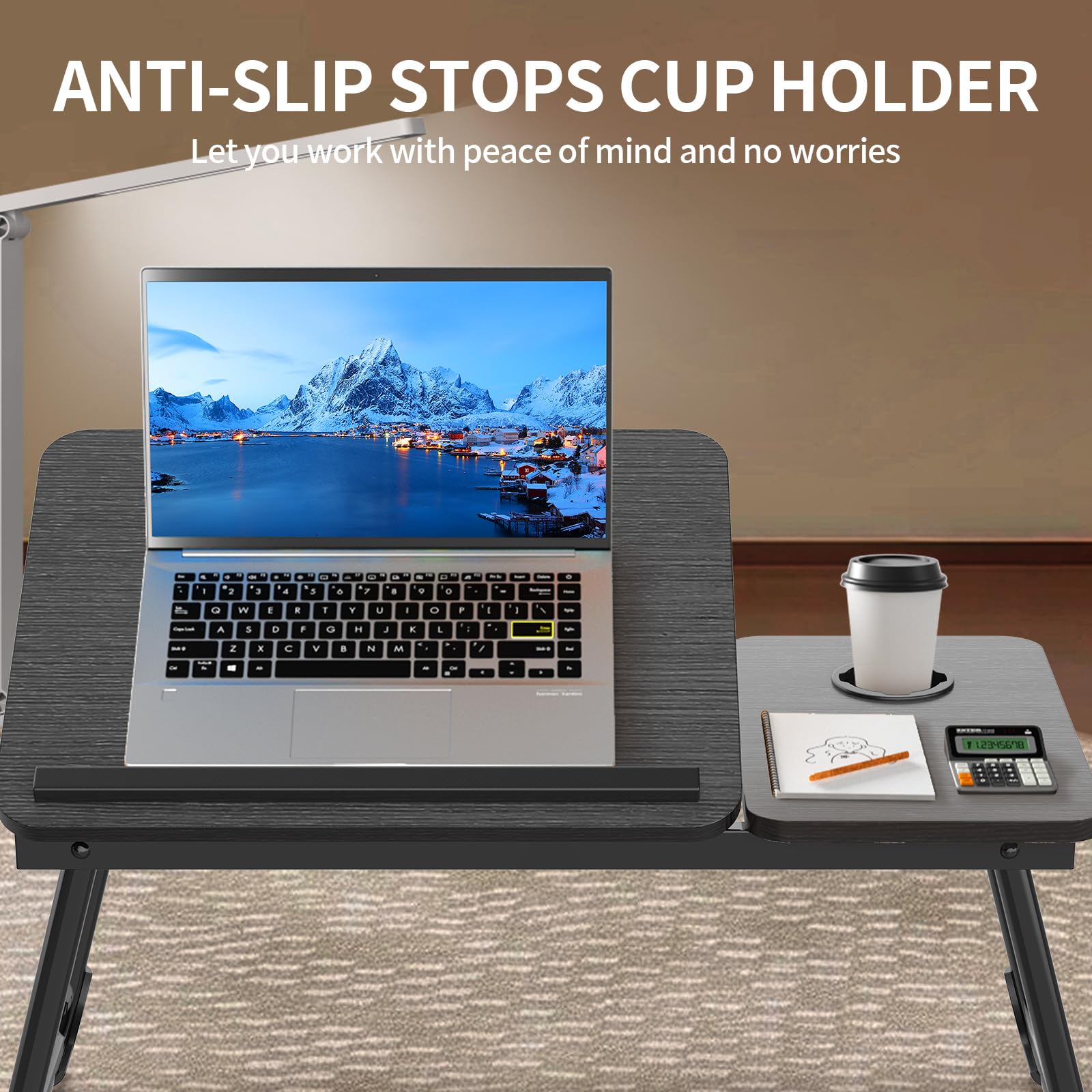 Arvioo Betttisch Laptoptisch Höhenverstellbar 57 x 33 x 28 cm Betttablett mit Anti-Rutsch-Streifen und Cup Slot Laptop Tisch für Sofa Arbeiten Bett Studieren Lesen Schreiben (Schwarz Gebürstet)