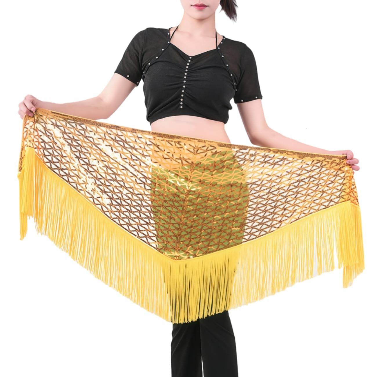 DUOYIJIN Sparkly Sequins Tassel Skirt for Women Girls, Shiny Belly Dance Skirt Wrap Fringe Hip Scarf Hula Latin Dance Rave Outfit for Festival Carnival Performance Party Dancewear (Yellow)