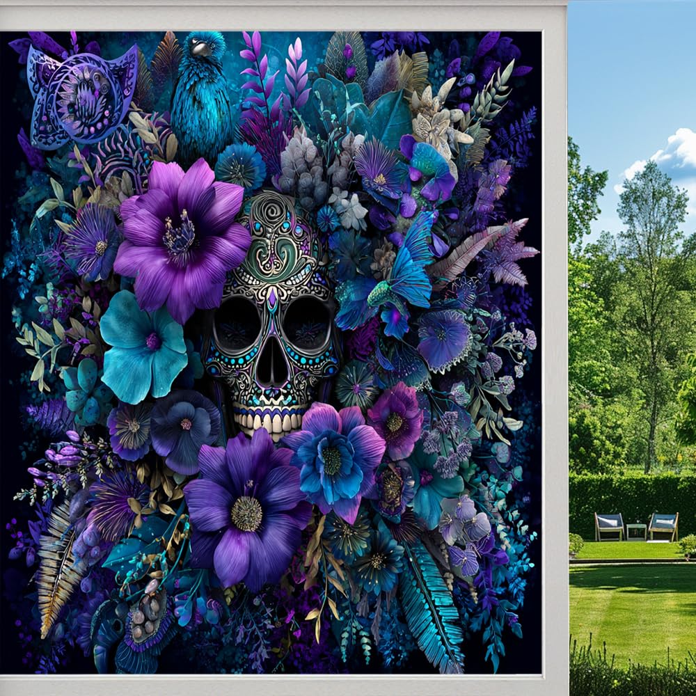 Retro Skull Stained Glass Window Film, Mysterious Flower Gothic Horror Peel and Stick Privacy Film, Frosted Adhesive Vinyl Decorative for Bathroom Windows Glass Doors, （45x100cm）