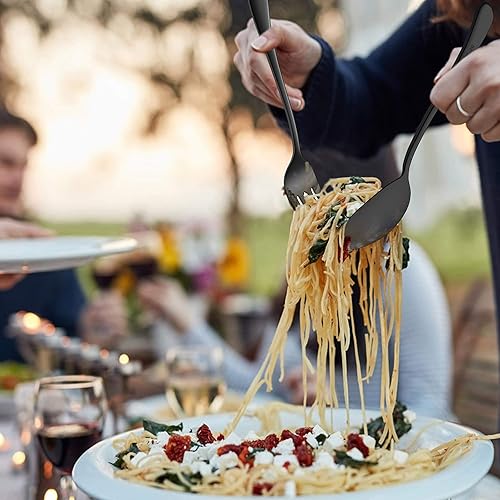 Miniatura 4 de LIANYU Juego de 6 cucharas y tenedores negros grandes de 9.8 pulgadas de acero inoxidable para bufé, catering, fiesta, banquete, tenedor, acabado