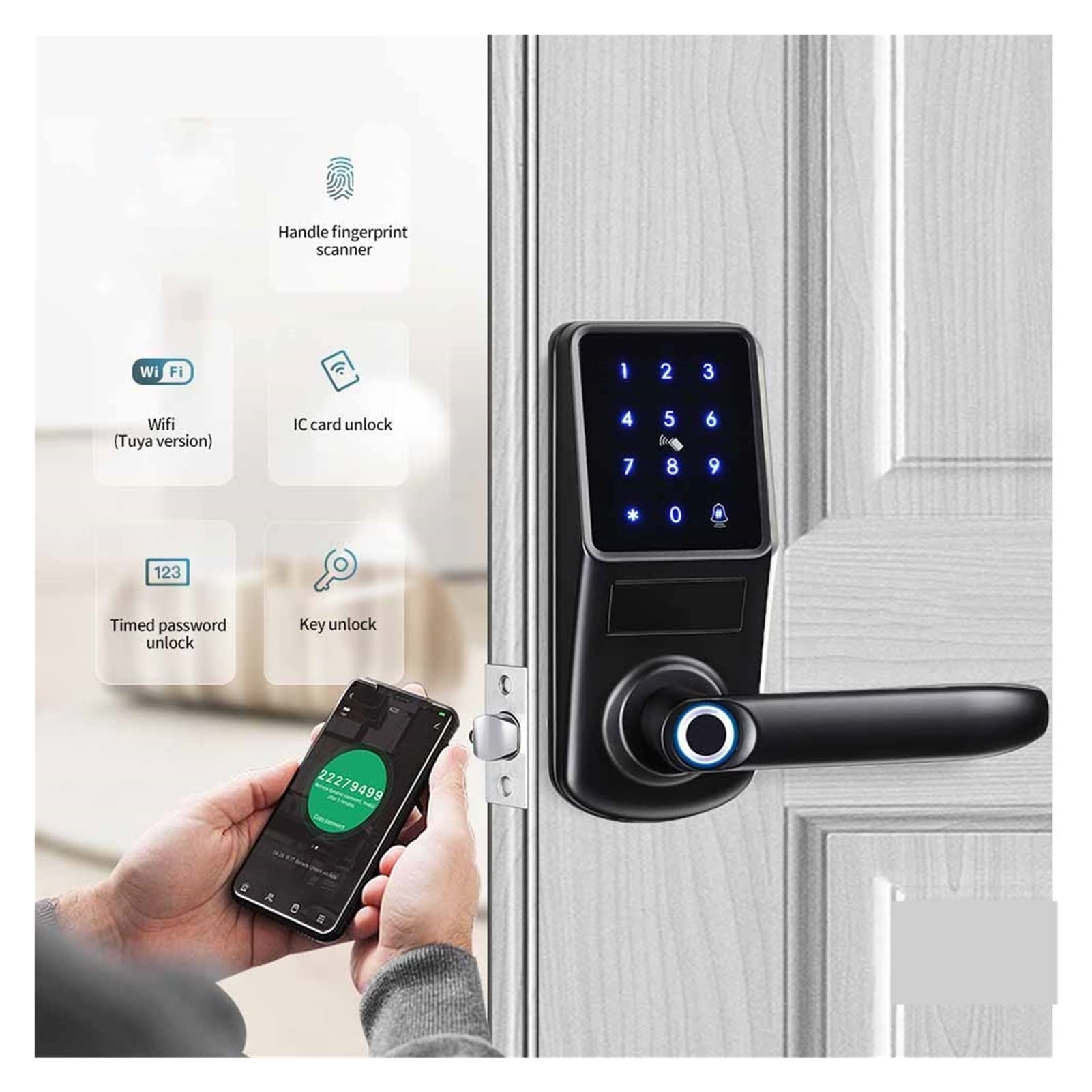 Inteligentny zamek drzwi odcisków palców Deadbolt App WIFI Pilot Control Otwórz drzwi za pomocą klucza i karty IC Smart Home Dom/sypialnia/biuro