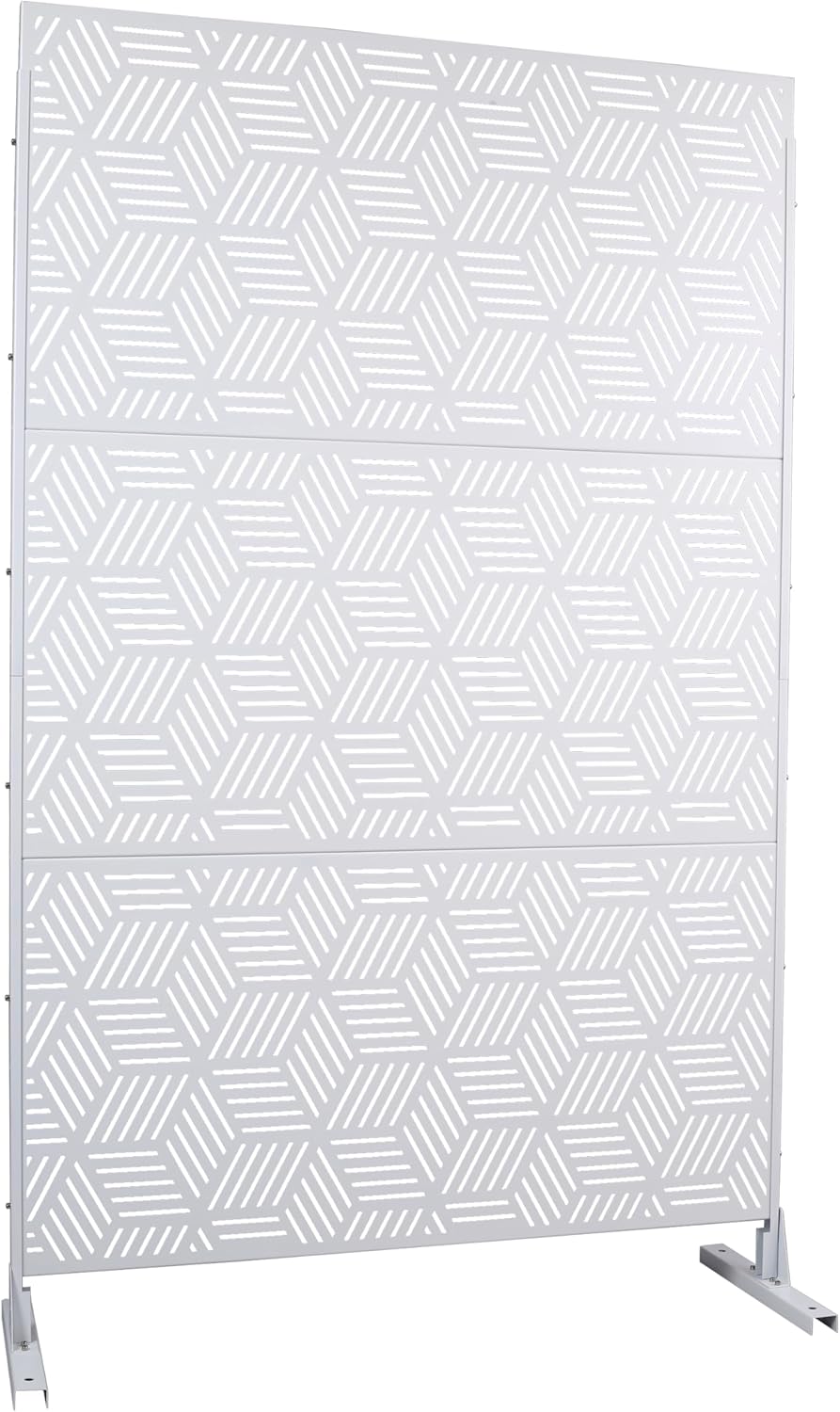 Freestanding Metal Privacy Screen 76 in H x 48 in W – Outdoor Indoor Decorative Fence Panel for Patio, Balcony, Deck, Garden, Lawn, Living Room & Office – White