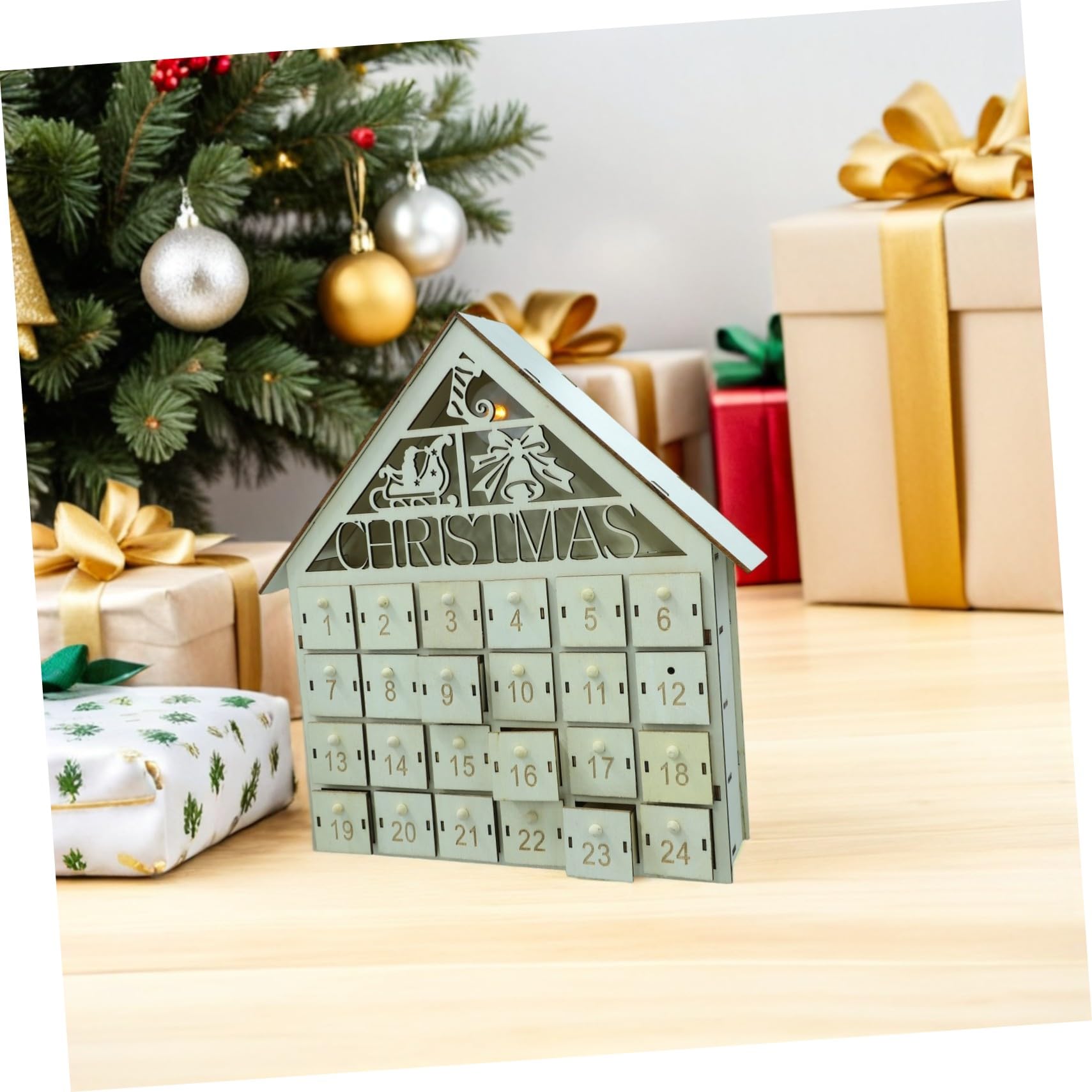 iplusmile Calendario Avvento in Legno Casa da Tavolo con Illuminazione LED per Conto alla Rovescia Festivo Riutilizzabile per Decorazioni e Regali Fai da Te