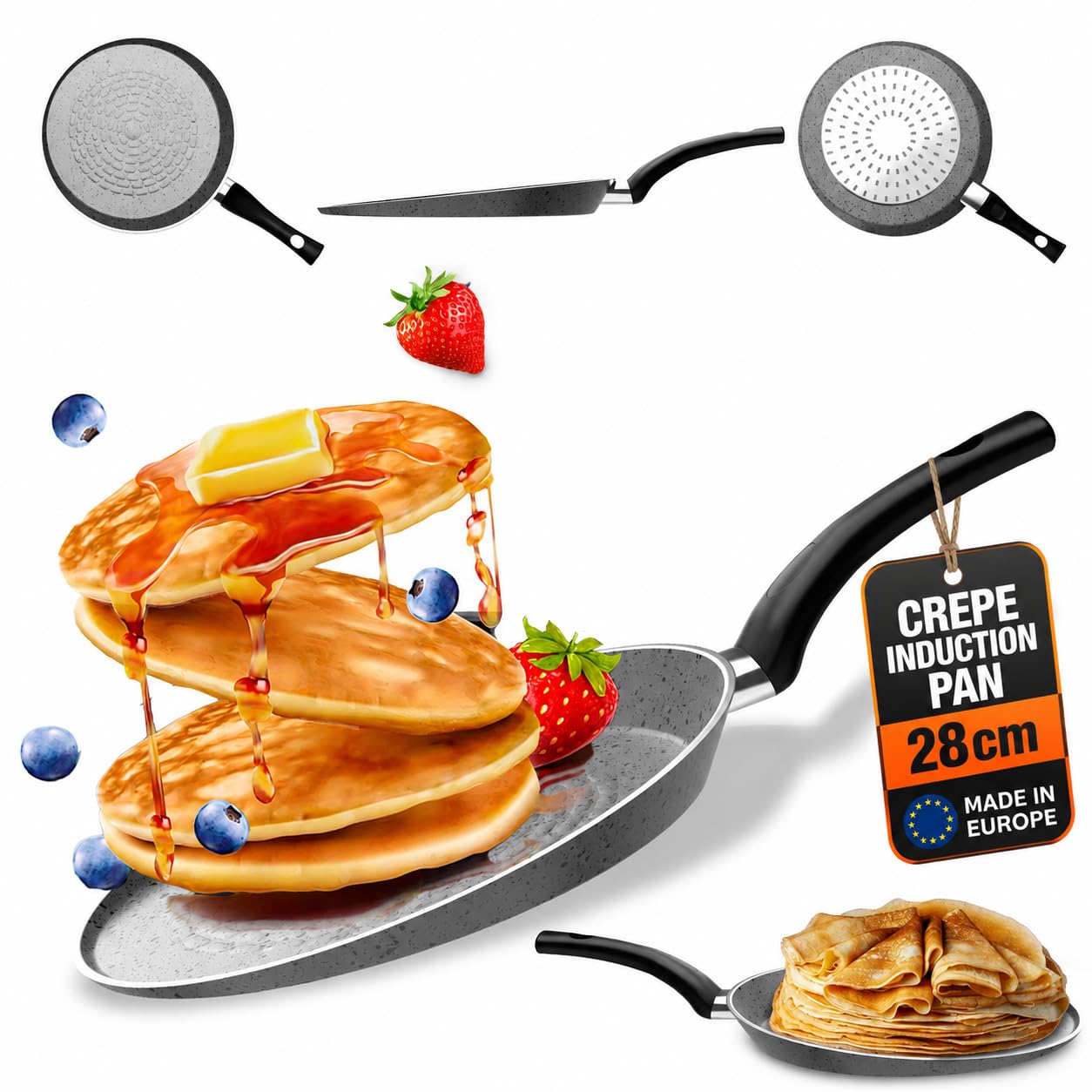 TEHORNEO Padella Crepes, Padella per Crepes 28 cm Alluminio Antiaderente, Crepiera, Padella per Piadina, Padella Piadina, Crepiera Induzione 28 cm, Adatto a Induzione, Vitro, Gas