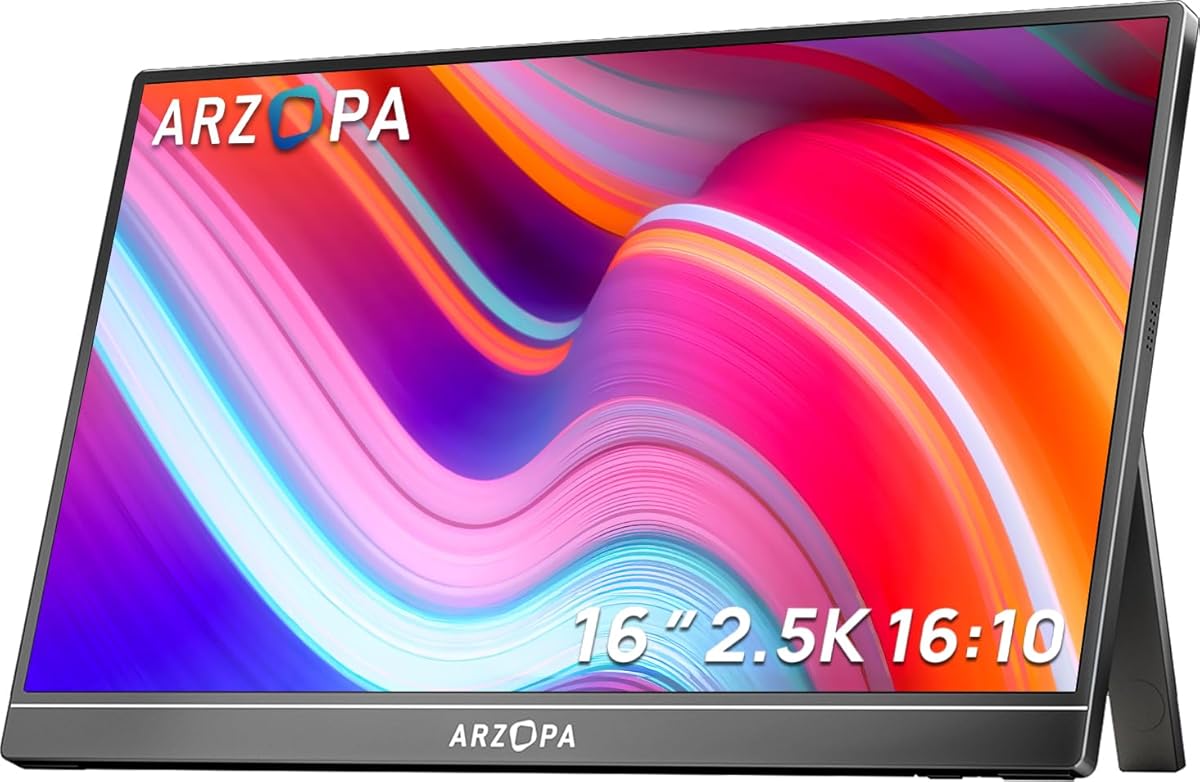 ARZOPA 16.0" 2.5k Monitor Portátil, Pantalla Portatil HDR 2560x1600, 400nits 8bit QHD, Monitor Portátil USB-C HDMI para Portátil, 16:10 IPS, Soporte Unipolar para Mac PC PS4/5 Xbox Switch Z1RC