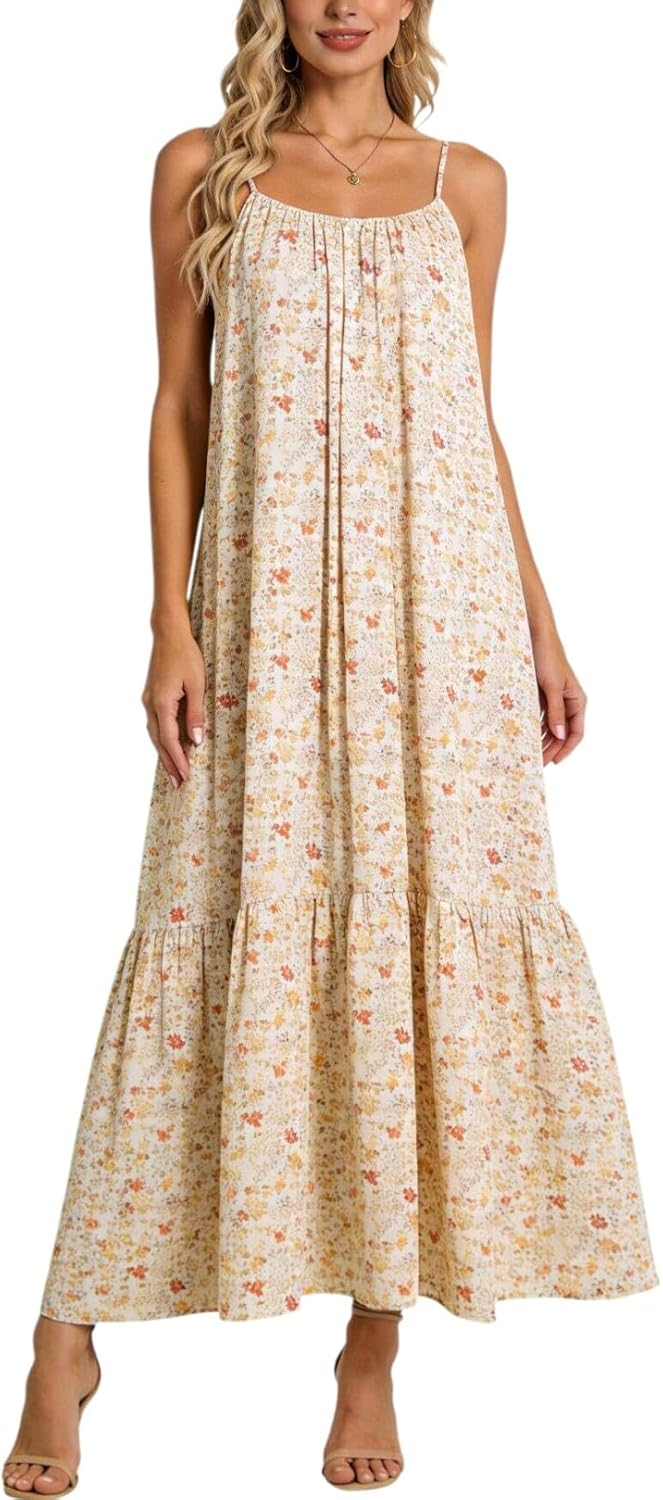 KevaMolly Womens Floral Spaghetti Strap Maxi Dress Boho Flowy Tiered Ruffle Beach Dress for Summer Beach Dresses