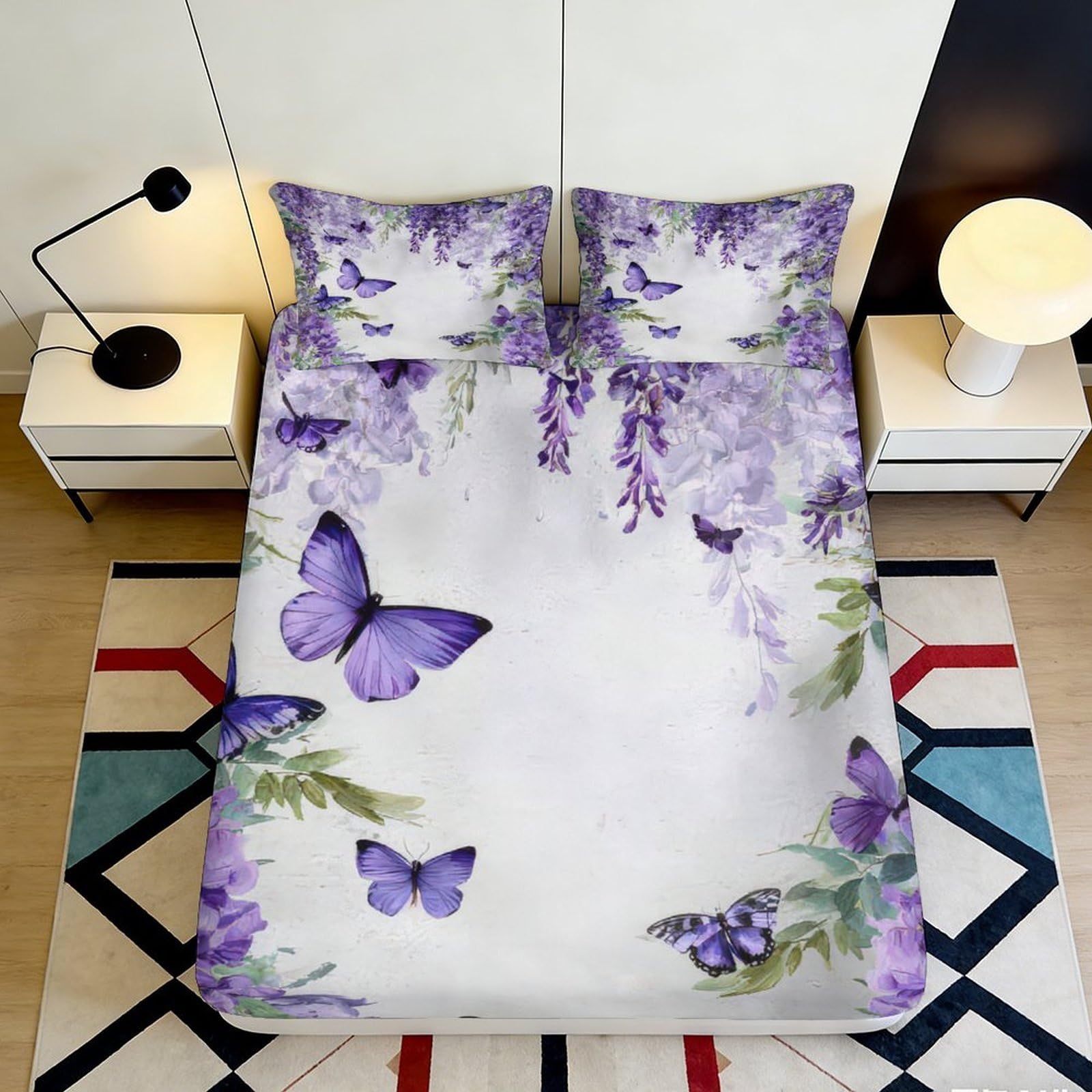 3D Printed Purple Wisteria Fitted Sheet Microfiber Soft Butterfly Mattress Cover Bedroom Dorm Easy Care Decorative 90x200x25cm