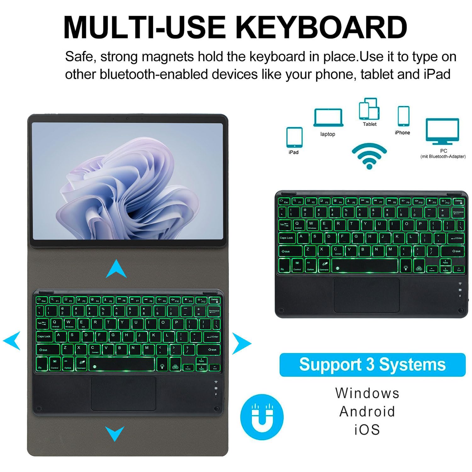 Keyboard Case for Microsoft Surface Go 4 / Surface Go 3 / Surface Go 2 / Surface Go, 7-kolorowa podświetlana odłączana klawiatura Bluetooth Trackpad, ultracienkie etui z myszką