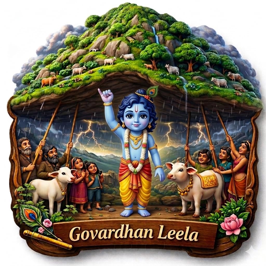 Govardhan Leela Krishna Fridge Magnet, Decorative Multicolour Refrigerator Magnet, Spiritual Decor|Krishna Decorative Magnet | Full Back Magnetic Fridge Sticker | Spiritual Kitchen Decor | 3x3 Inch-image-16