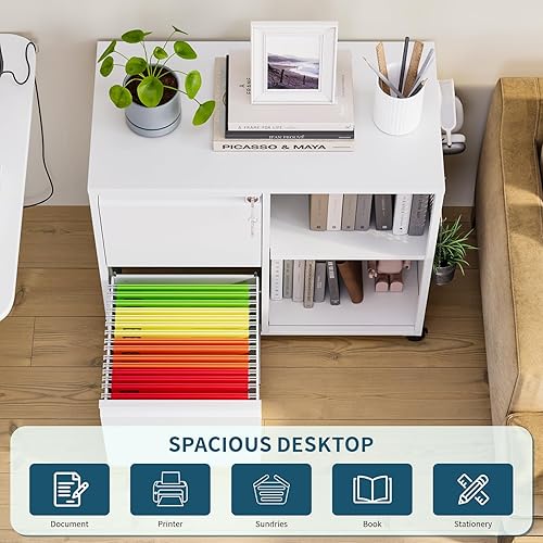 Miniatura 4 de MIIIKO Archivador de 2 cajones sobre ruedas, archivadores de metal con estantes de almacenamiento, archivador móvil de oficina en casa con