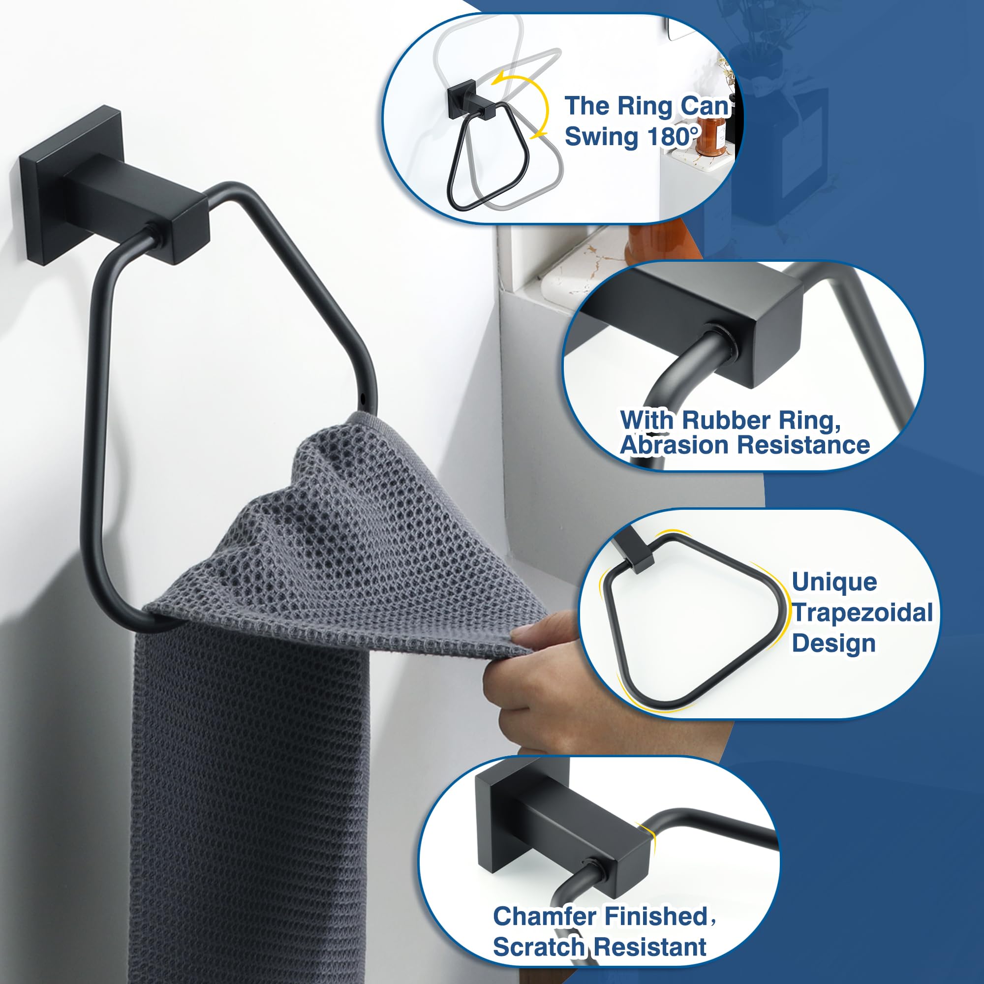 Alise Soporte para toallas de mano de baño, toallero, barra de toalla de montaje en pared, GKL7009-B SUS304, acero inoxidable, negro mate